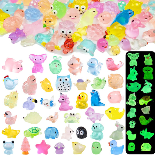 240PCS Luminous Mini Resin Animals 40 Types, Miniature Tiny Plastic Animal Figures Glow in The Dark Mini Ducks Rabbit Dinosaur Unicorn Frog for Micro Landscape Fish Tank Garden Dollhouse DIY Decor