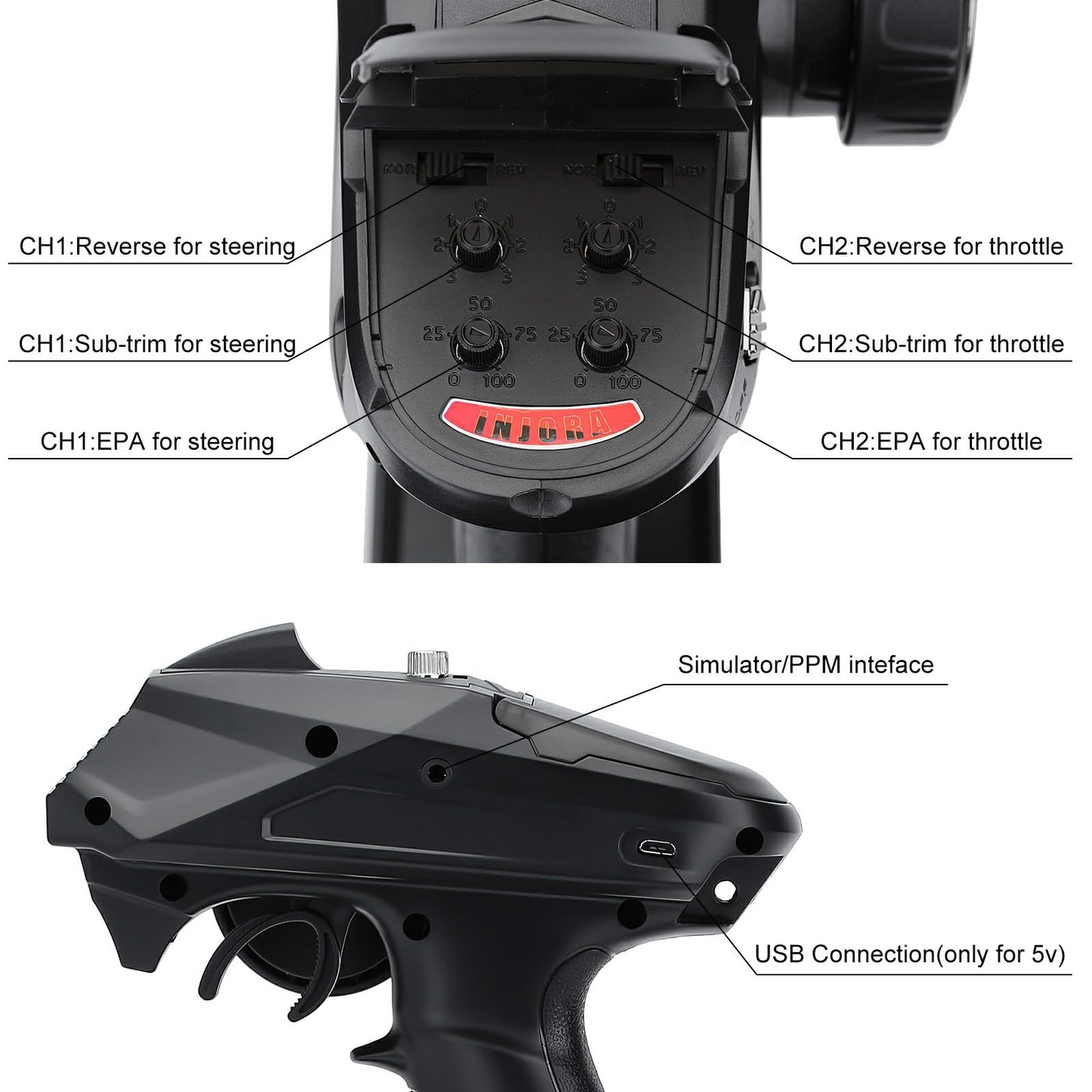 INJORA RC Transmitter 2.4GHz 6CH Controler and Receiver for 1/8 1/10 RC Car Boat Tanks Crawler TRX4 SCX10(T6DC)