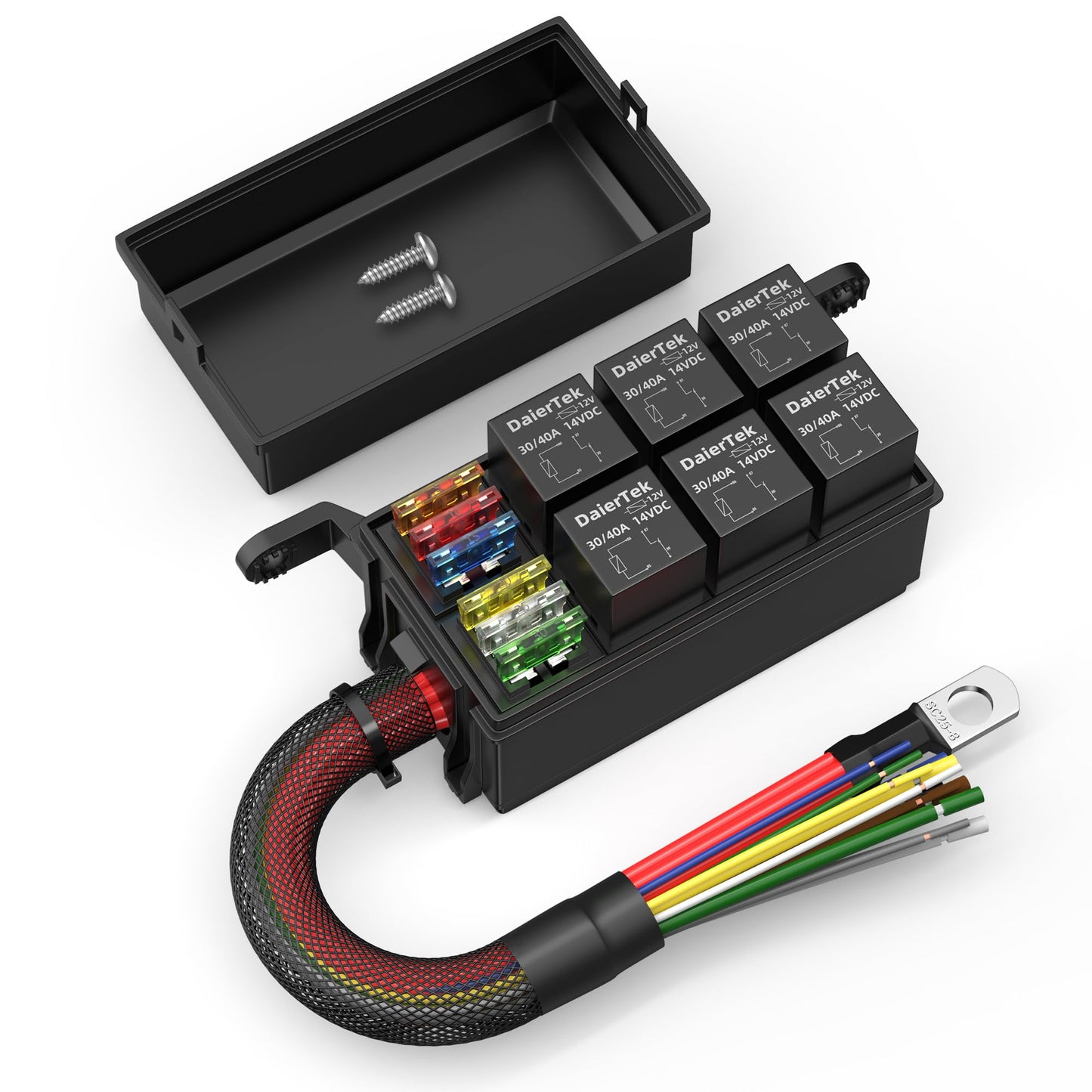 DaierTek 12V Relay Box 6 Way12 AWG Pre-Wired Waterproof Relay Box 6 Slot ATC/ATO Fuse Relays Block Universal Relays Panel for Automotive Car Marine Boat