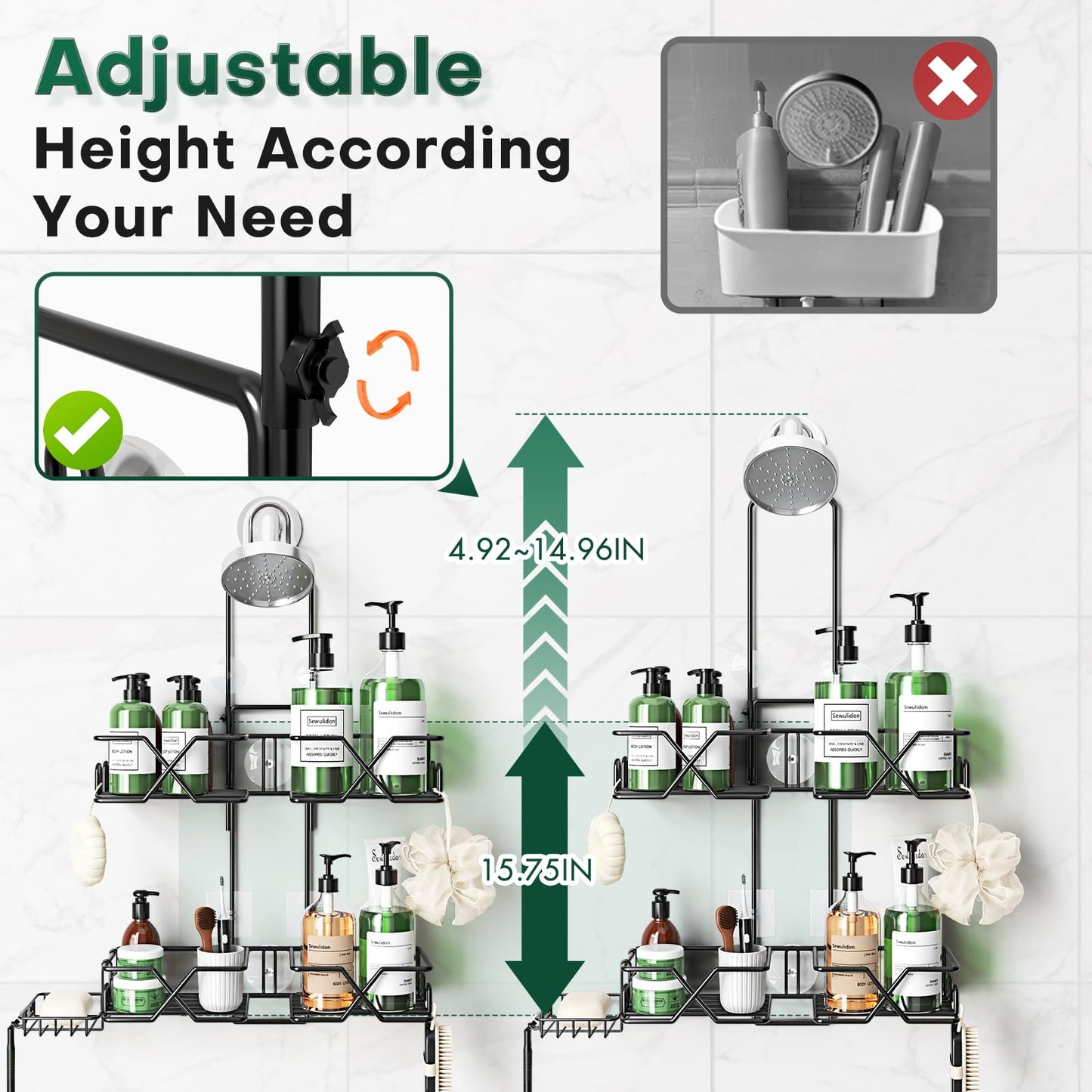 Upgraded Hanging Shower Caddy for Handheld Shower Heads,Adjustable Height Extra Long Bathroom Shower Organizer Hanger Rack with Hooks,Soap Holder