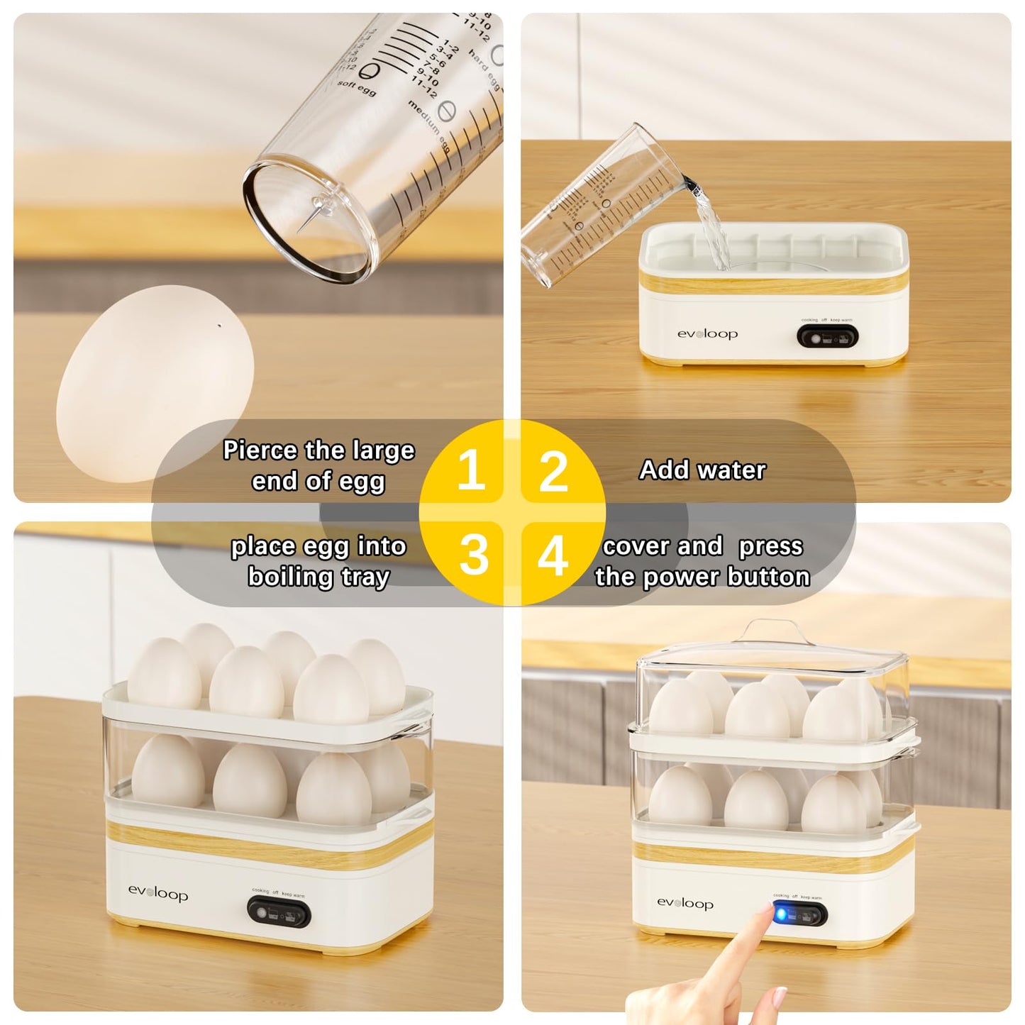 Evoloop Rapid Egg Cooker Electric 12 Eggs Capacity, Soft, Medium, Hard Boiled, Poached, Omelet Maker Egg Poacher & Vegetable Steamer, BPA Free Tray（white）