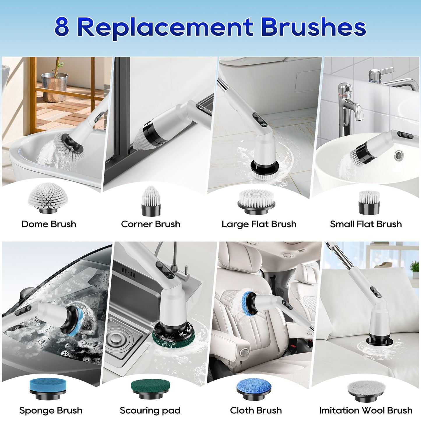 Kliburash Electric Spin Scrubber, 3 Speeds & Adjustable Long Handle Power Cordless Cleaning Brush, 8 Multifunctional Brush Heads with IPX7 Waterproof for Bathroom, Tub, Shower,Car Tiles