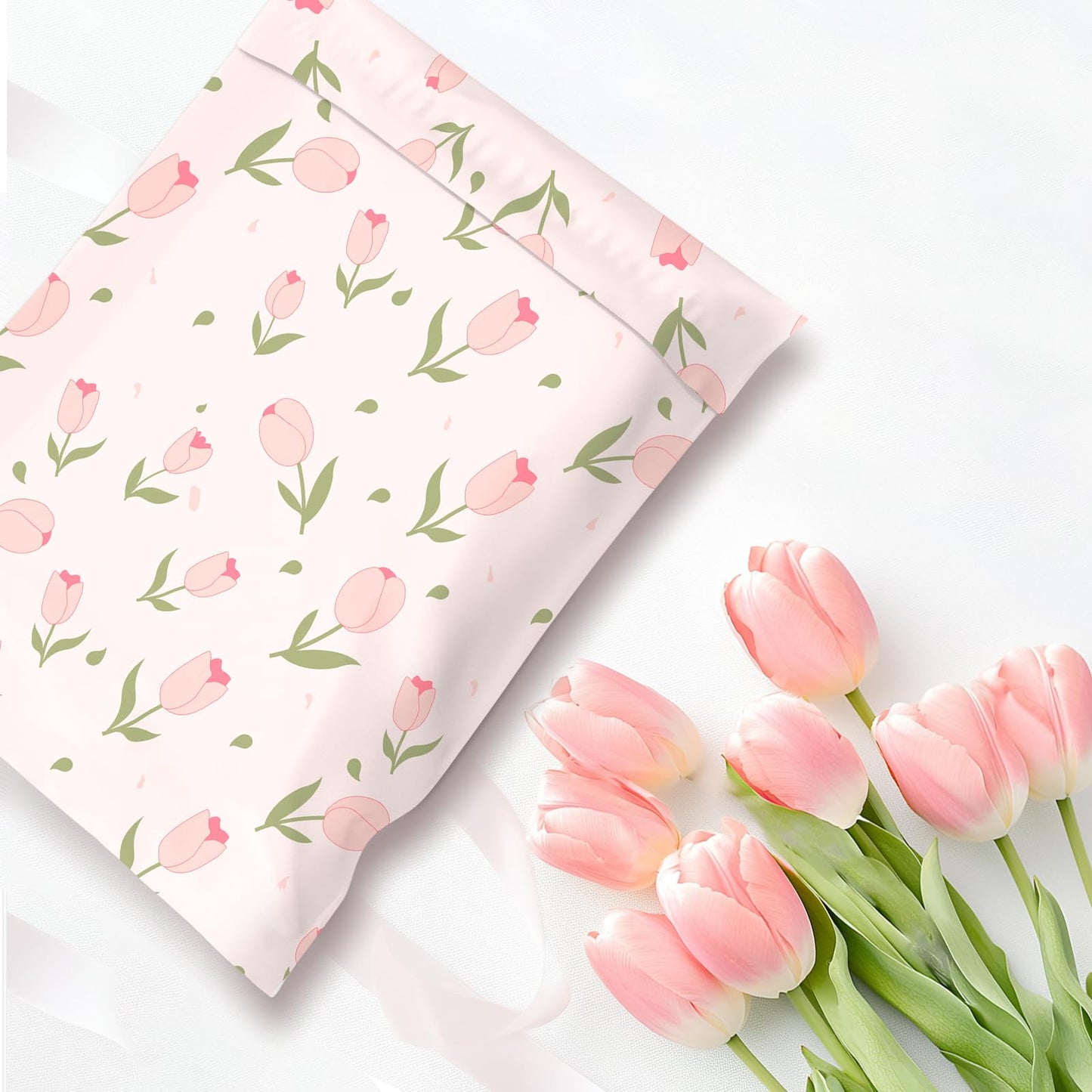 KKBESTPACK Cute Floral Poly Mailers 12x15.5, 100 Pack – Pink Tulip Designer Waterproof Self Seal Tear Resistant Shipping Bags for Small Business Packaging Supplies