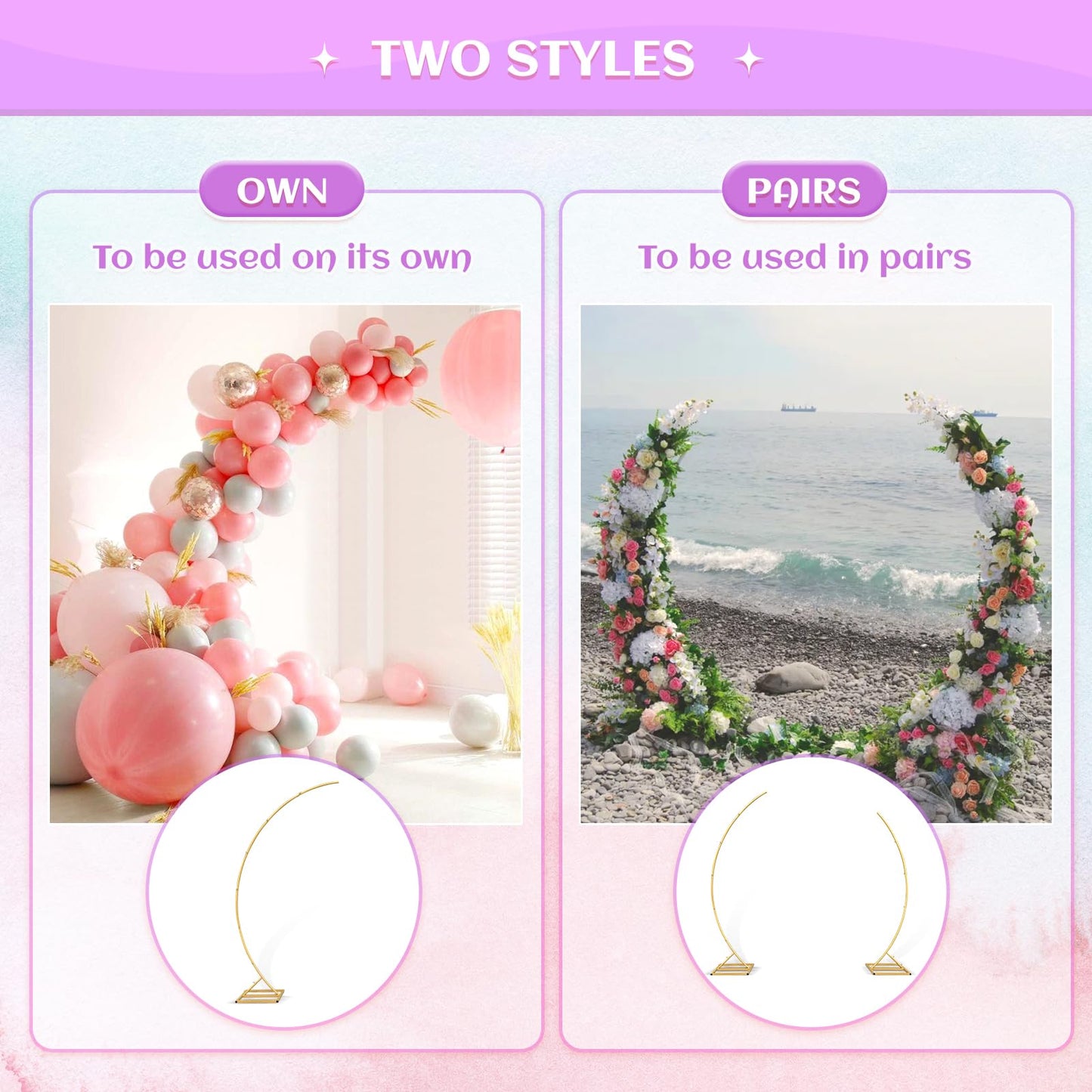 ZpigToor Metal Open Arch Backdrop Stand,Set of 2 Curved Arch Backdrop Half Moon Wedding Arches for Ceremony,Birthday,Baby Shower,Floral Stand,Ramadan Decoration (Gold,6.7FT & 5.8FT)