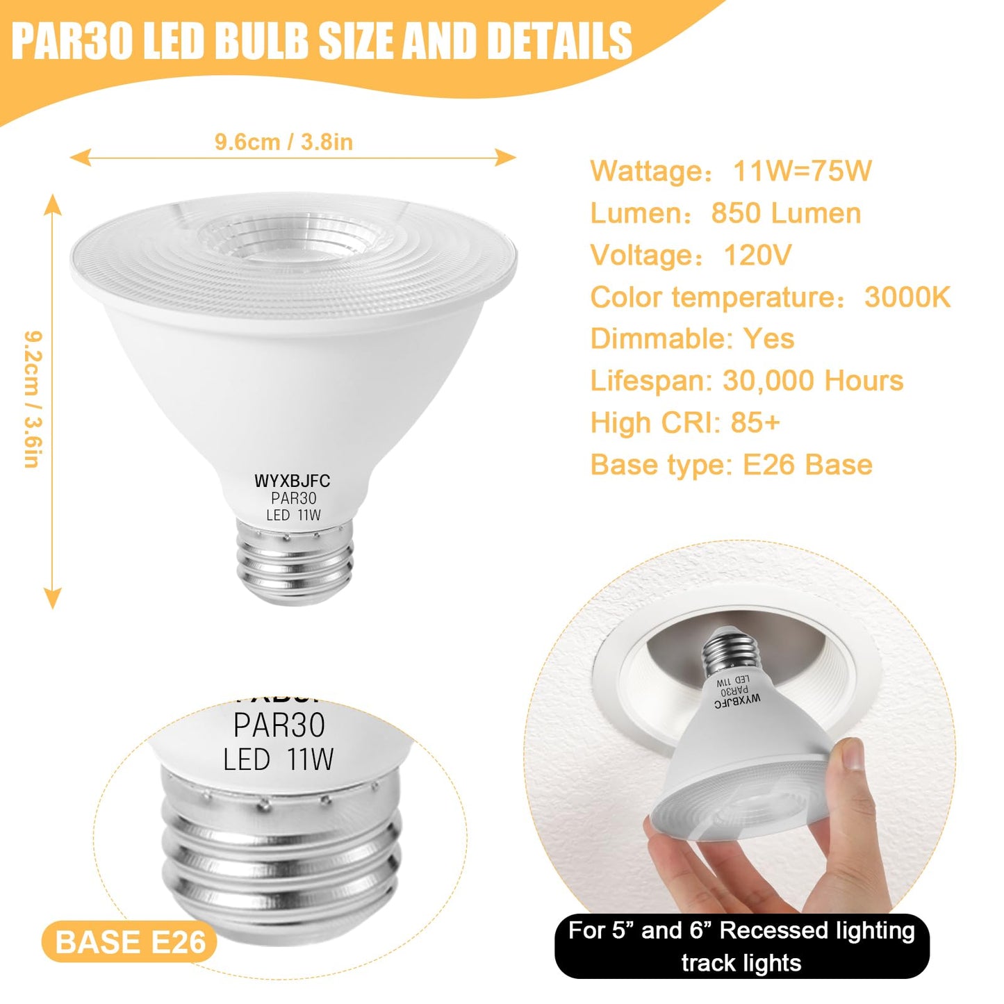 Par30 Short Neck LED Bulb - 6 Pack Dimmable LED Flood Light Bulbs, 3000k Warm White 11W LED Light Bulbs 75 Watt Equivalent, 850 Lumens with E26 Base LED Bulb for Indoor, Outdoor, Porch