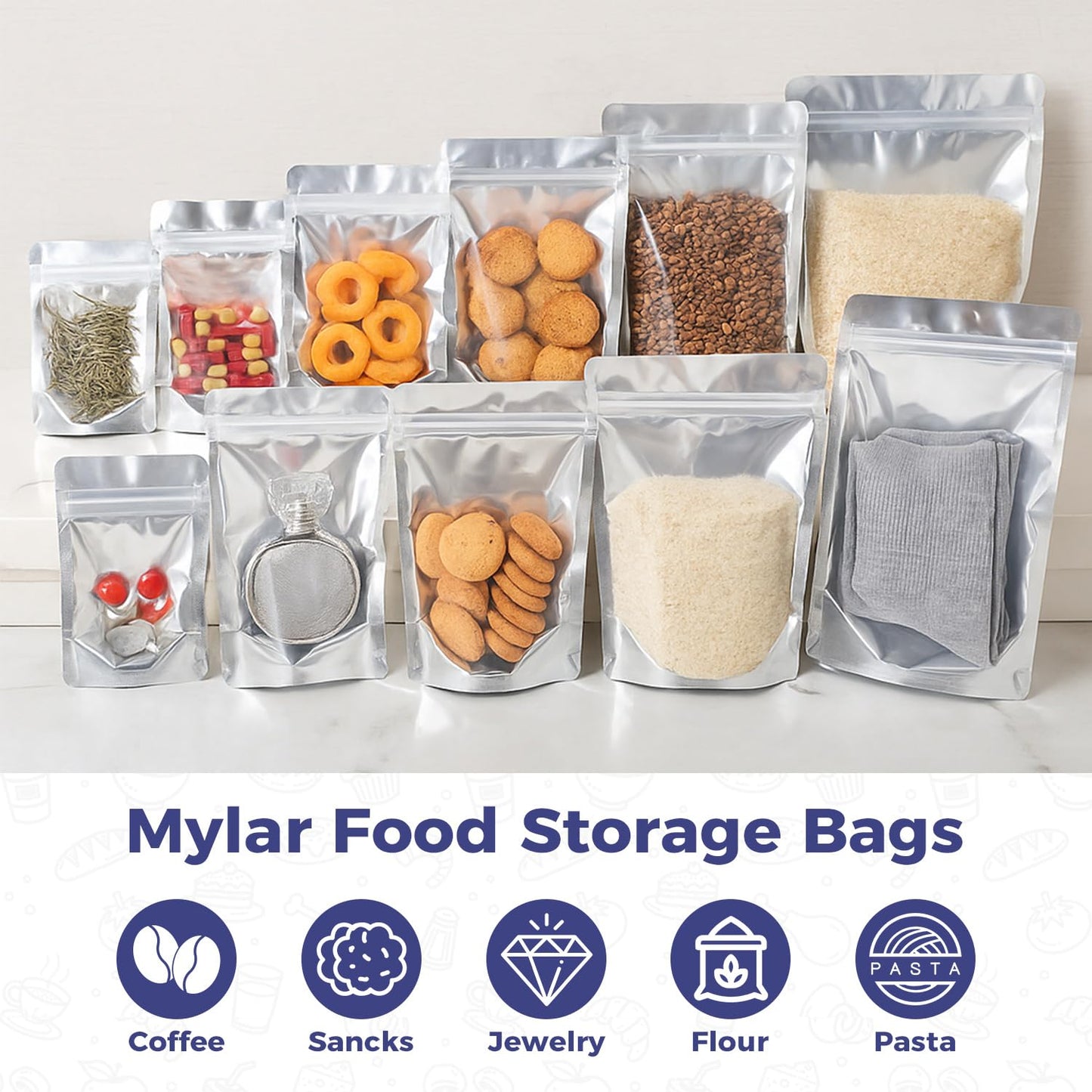100-Pack Large Reclosable Mylar Bags for Food Storage 7" x 10" Stand Up Bags in Bulk 1 Quart Large Resealable Smell Proof Aluminum Foil Bags with Clear Window Kitchen Storage Edible Packaging