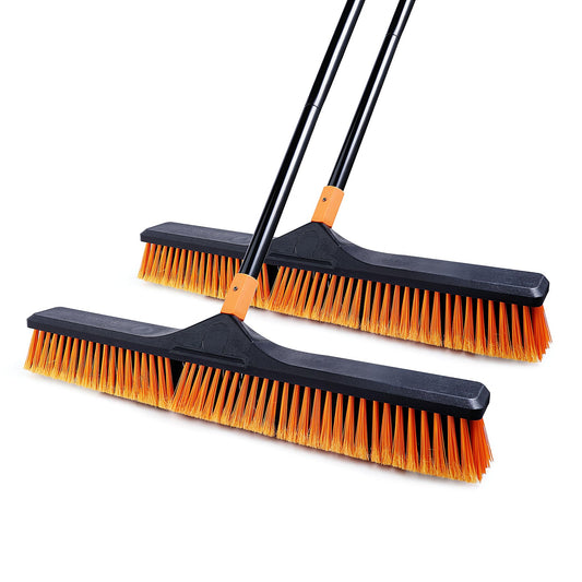 CLEANHOME 24”Push Broom Brush for Floor Cleaning with 65” Long Handle and Stiff Bristles, Heavy Duty Brush for Shop, Deck, Garage, Concrete,Indoor and Outdoor Broom 2 Set,Orange