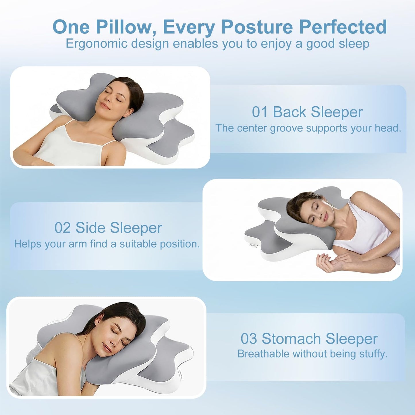 Sleep Apnea Pillow with Neck Pain & Snoring Relief -Orthopedic Cervical Pillow, Ergonomic Contour Memory Foam Pillow for Side,Back,Stomach Sleepers,Dreamers (Gray)