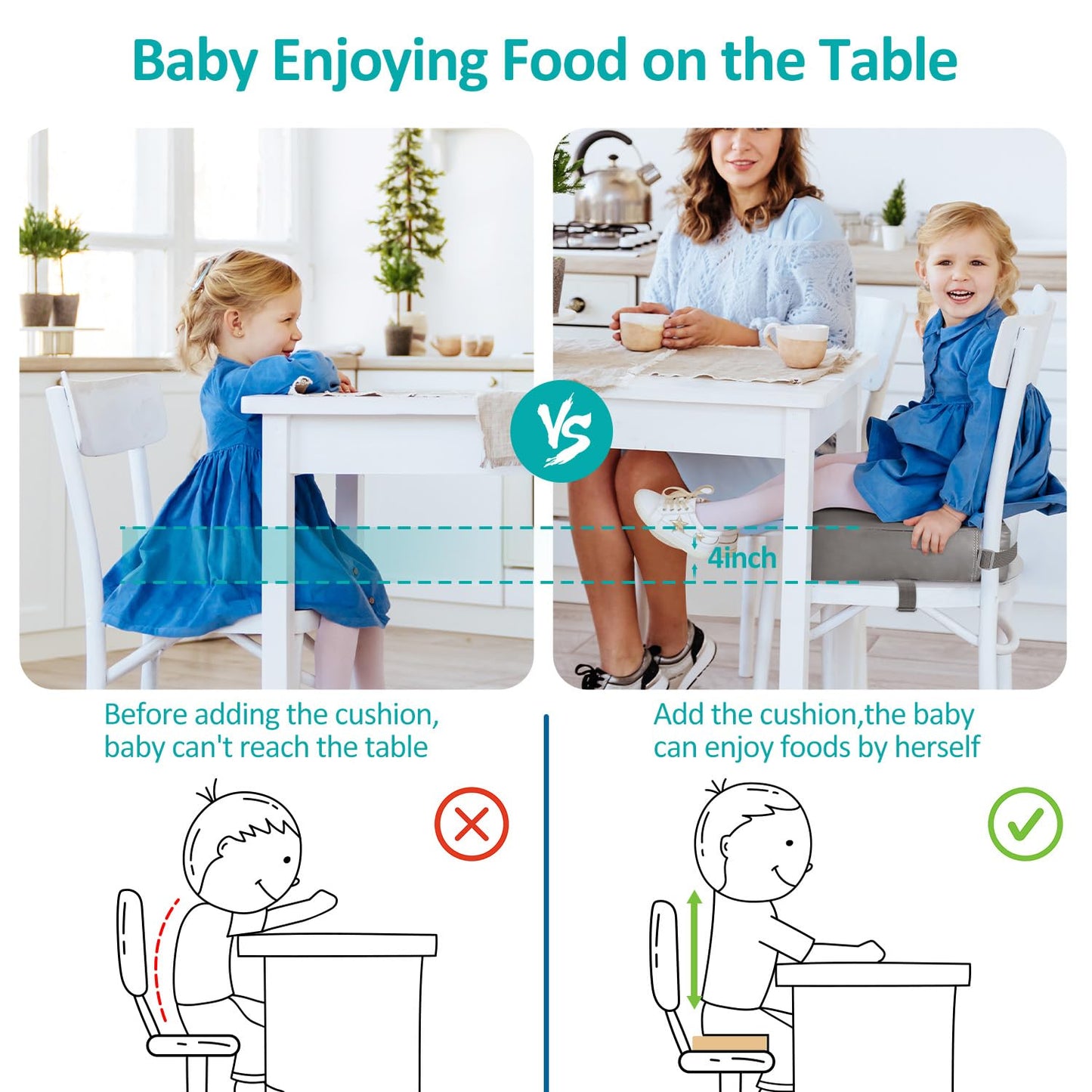 YONTINY Booster Seat for Eating Toddler, Washable PU Kitchen Chair Booster Seat with Double Adjustable Safe Straps, Non-Slip Bottom, Baby Portable Travel Camping Increasing Cushion