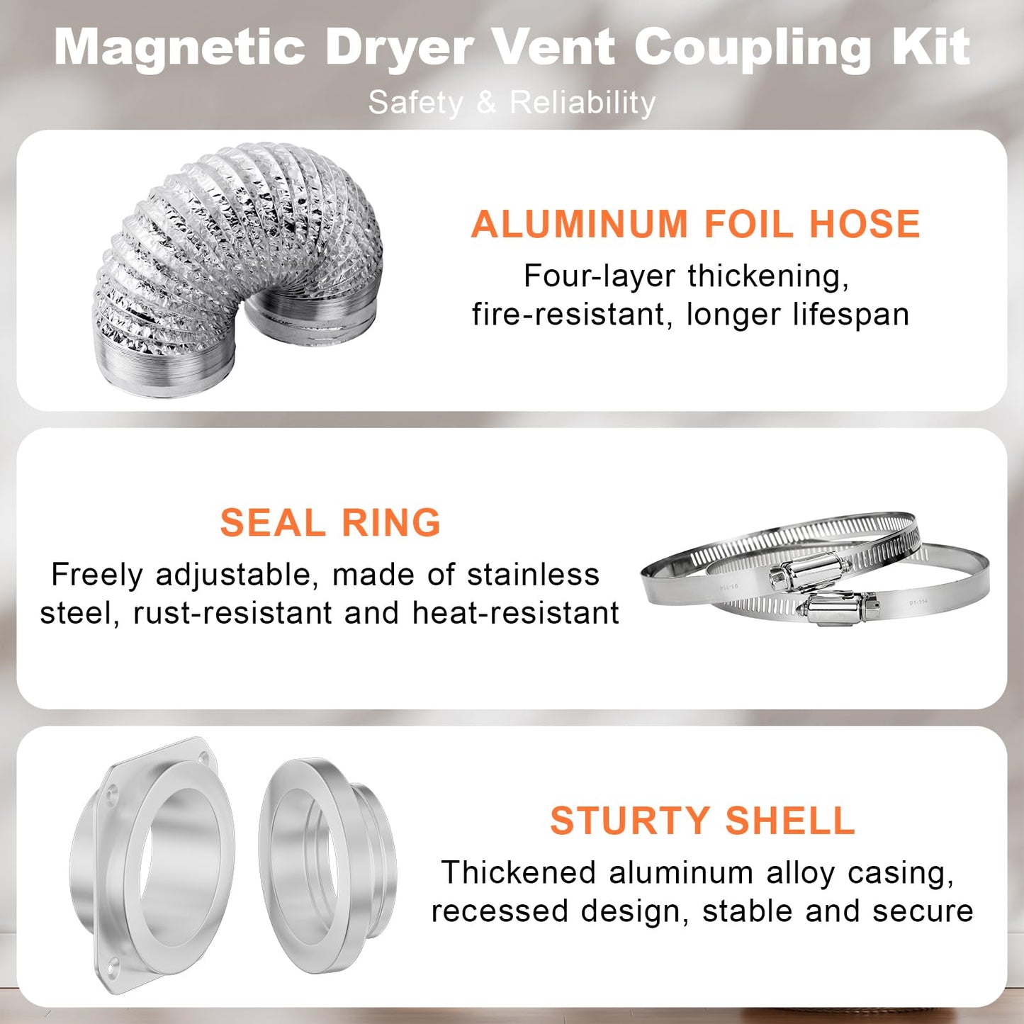VigiFront Magnetic Dryer Vent Coupling Connector Kit DV180, for Leak Prevention Easy Dryer Cleaning, Quick Connector, Including a 3.1ft 4" Duct and two Clamps, Silver