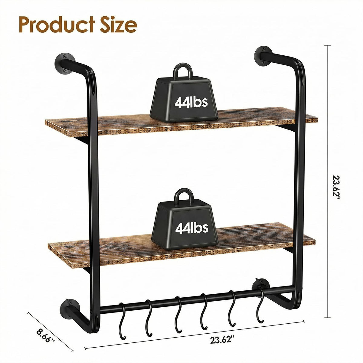 Kssiaz 2 Tier Industrial Pipe Floating Shelf, 24" Kitchen Wall Shelves with Towel Bar & 6 Hooks, Coffee Bar Shelves Display Bookshelf Wall Shelf for Kitchen, Bathroom, Home Décor, Rustic Brown