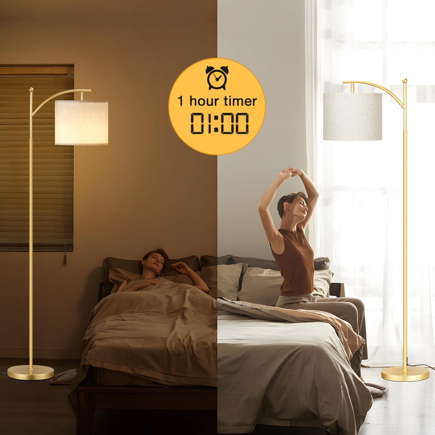 Ambimall Floor Lamp with Remote Control, Brightness and Colors Temperature Adjustable, Rotating Shade, Bulb Included, Modern Floor Lamps for Living Room, Bedroom, Office (Light Beige and Gold)