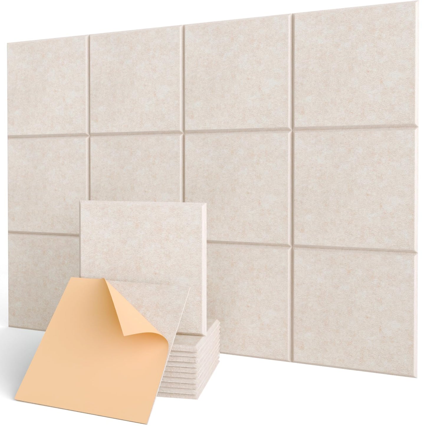 Square Acoustic Wall Panels, Sound Absorbing Panel for Walls, Ceiling, Doors, Self Adhesive Beige Decorative Acoustic Tiles for Recording Studio, Gaming Room, Office, Home, 12 Pack 12"x12"x0.4"