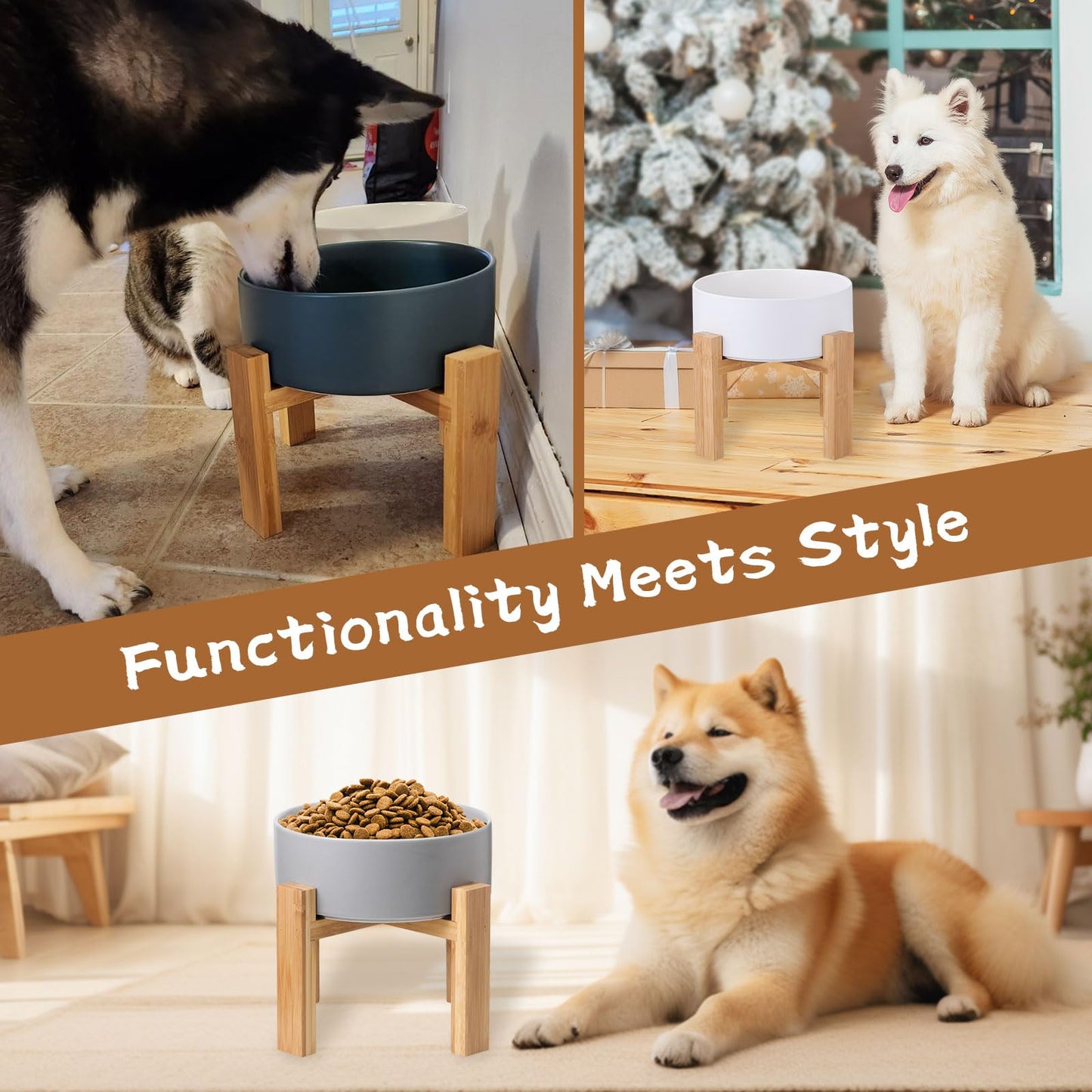 Elevated Dog Bowls for Large Dogs - Ceramic Raised Dog Bowl Stand - Dog Water Bowls and Food Dish - Heavy Weighted or No Tip Over Dog Comfort Food Bowls - Pet Bowl Extra High Capacity 8.4" Diameter