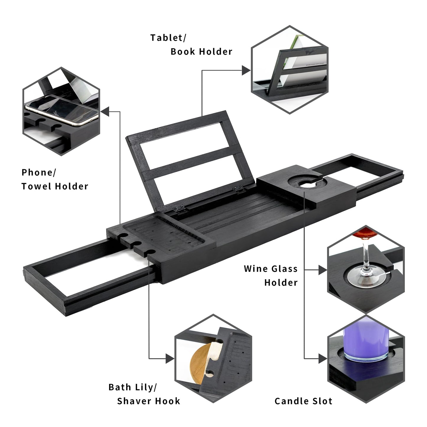 Utoplike Black Bathtub Trays, Bamboo Bath Trays for Bathtub, Expandable Bathtub Caddy Tray, Bath Tub Table Shelf with Adjustable Arms, Bathroom Trays for Books/Tablets/Cell Phone/Towels/Foods