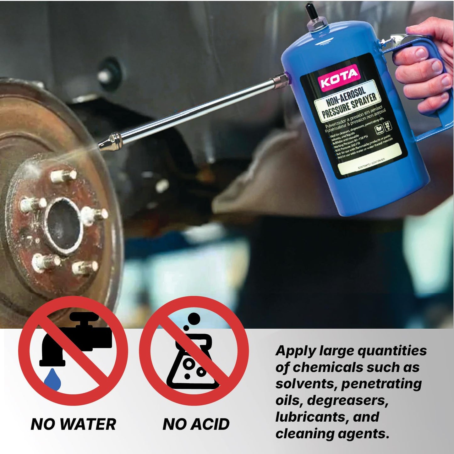 LAUCO Non Aerosol Pressure Sprayer - Refillable Pressurized Sprayer Bottle for Oil, Solvent, Degreasers, Lubricants - Rechargeable Steel Canister with Brass Nozzles, 32oz. (1, Blue)