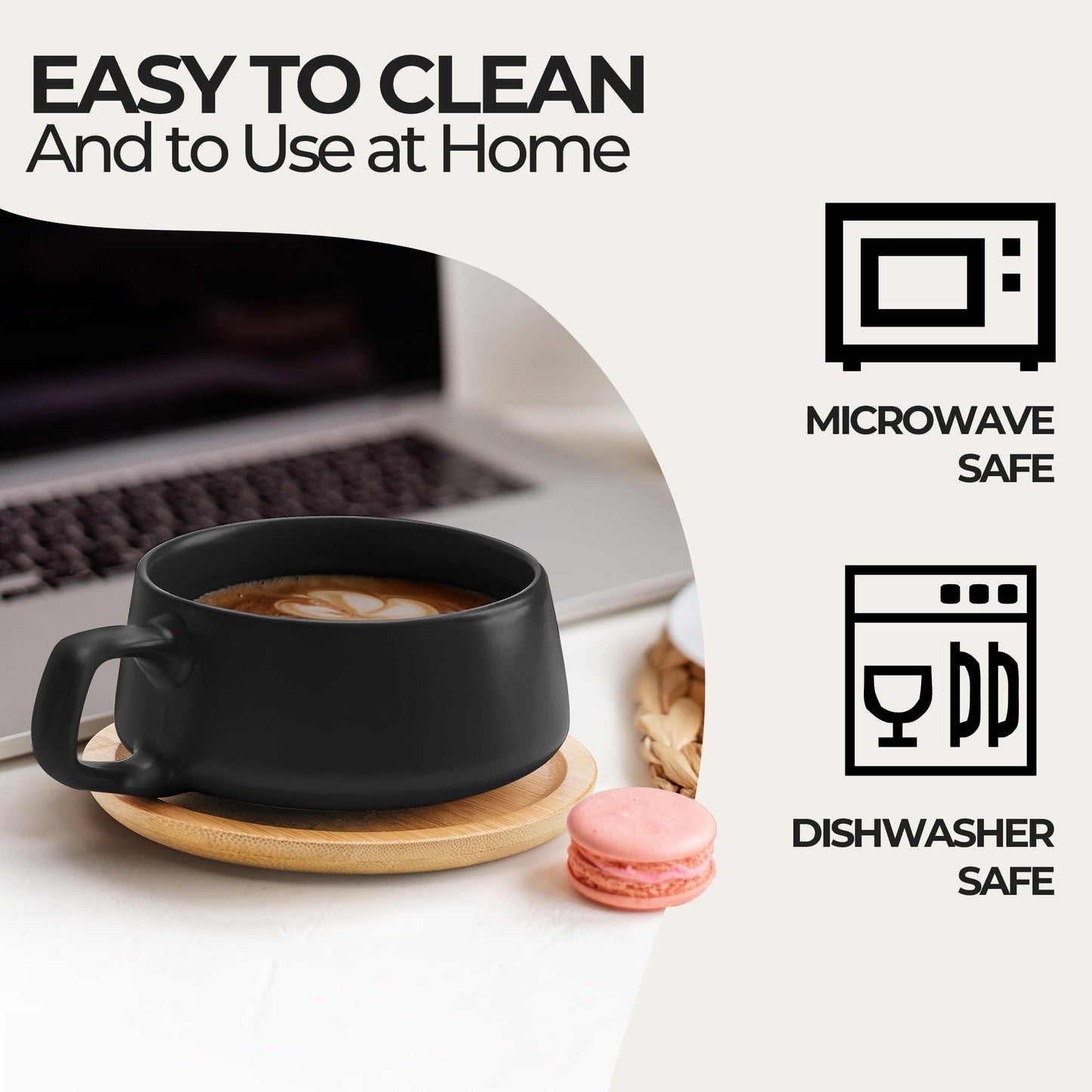 MIAMIO – 320 ml., Set of 4 Ceramic Tea Cup and Saucer Bamboo/Tea Mug - Wide Cappuccino Cup, Coffee Cups Ceramic Mug for Cappuccino, Latte, Espresso & Americano - Luxe Collection (Black)