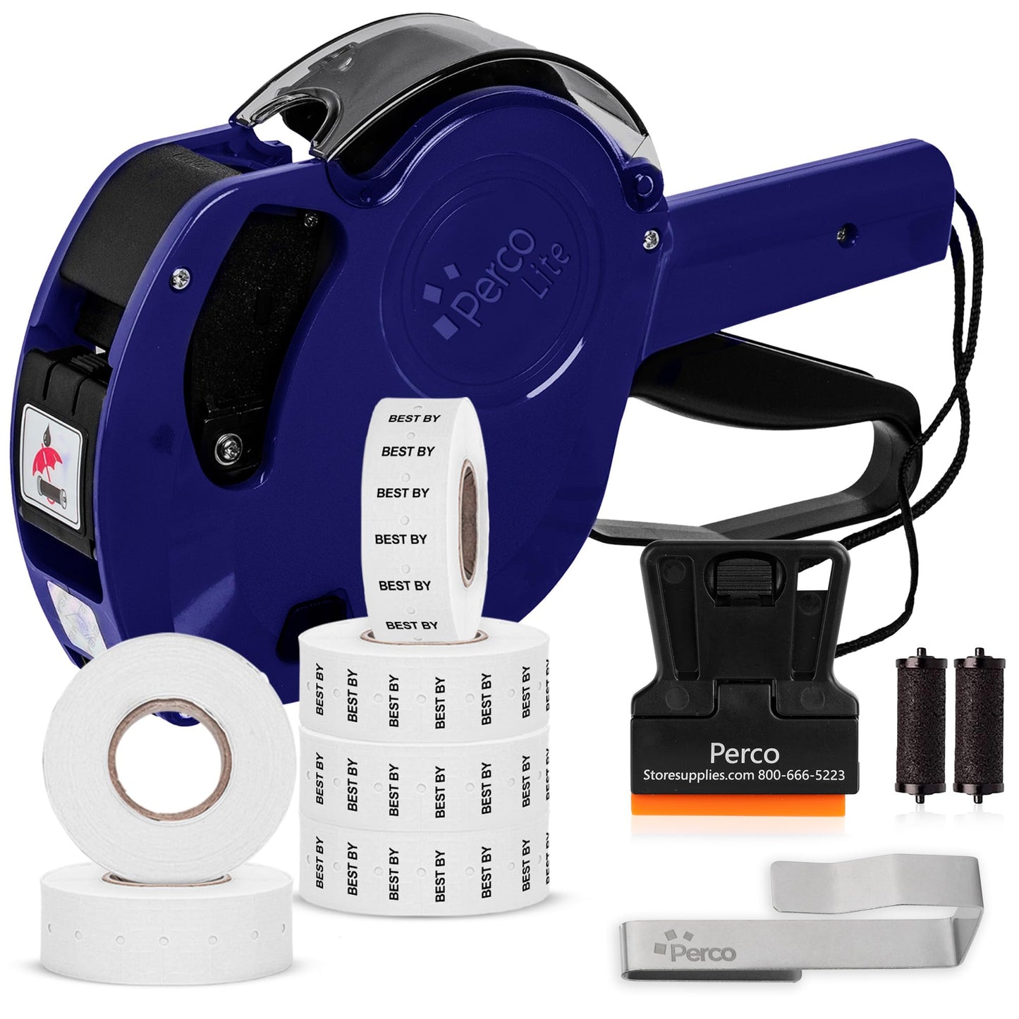 Perco Lite 1 Line Date Gun Kit - Includes 2 White Rolls, 4 Rolls of Best by Labels, 2 Ink Rollers - 1 Ink roll and Labels Pre-Loaded