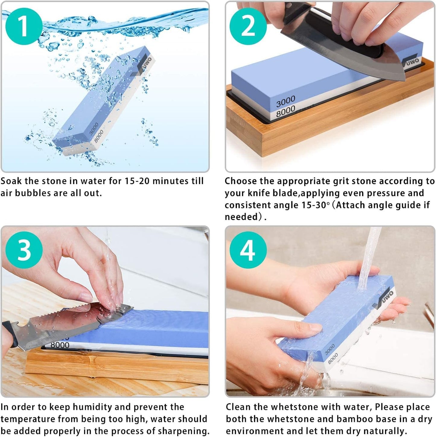 vuwo Knife Sharpening Stone Kit - Whetstone Grit 400/1000 3000/8000 Premium Knife Sharpener Wet Stone Set with Bamboo Base Angle Guide Flattening Stone Silicon Holder and Leather Strop