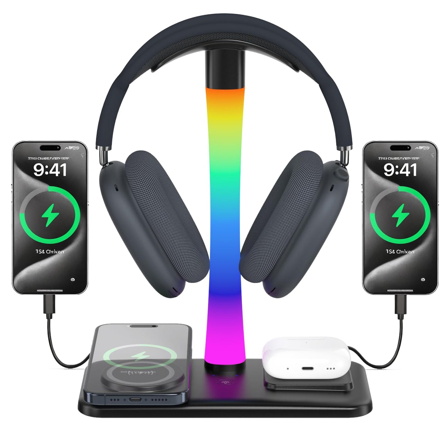 Headphone Stand with Wireless Charger,Gaming Headset Stand with RGB Light Mode,For Airpod Max Stand Compatible with Airpod Pro/3/2,For iPhone 17/16/15/14/13/12/11,Gifts for Gamers & Music Lover(Black)