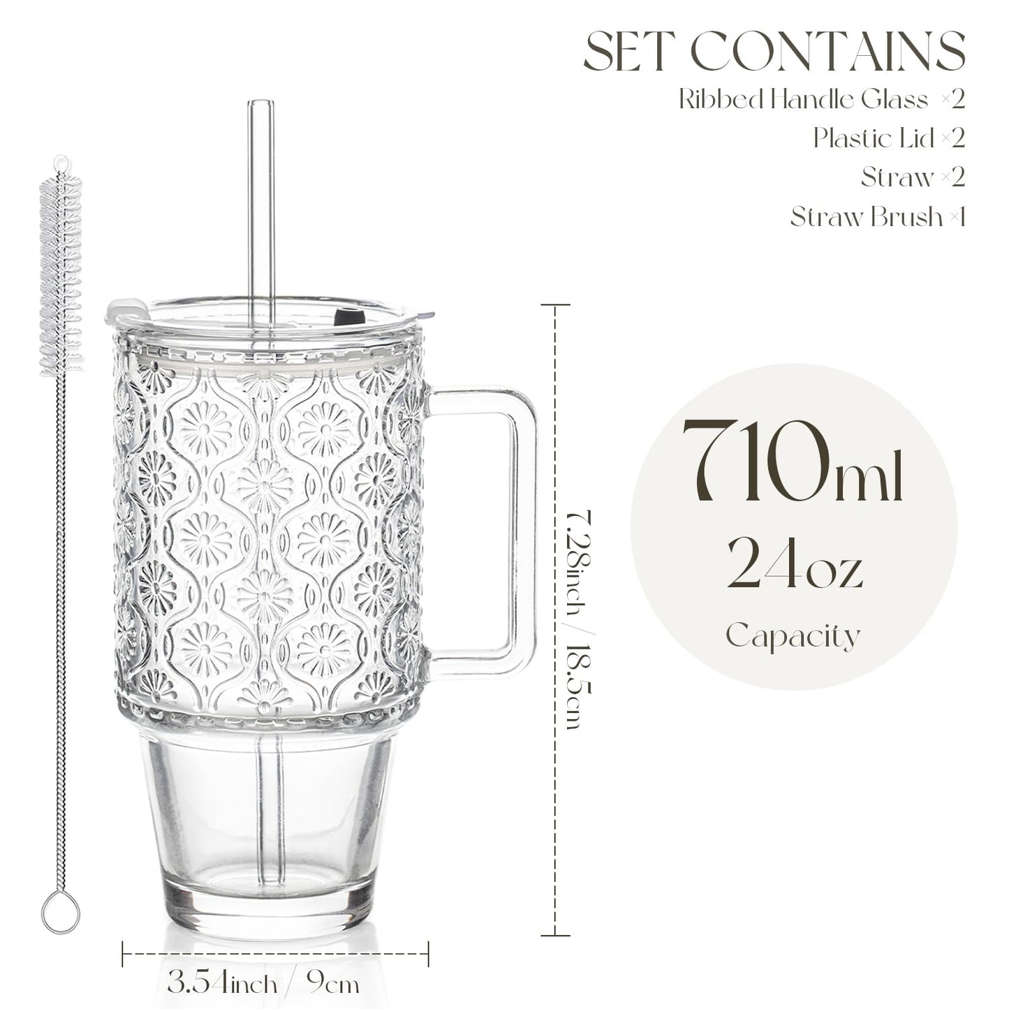 KEMORELA 24oz Ribbed Glass Cups with Lids and Straws,Glass Tumbler with Handle,2 set–Reusable Glass Ice Coffee Cups with Lid and Straw for Smoothies,Tea,Juice,Boba Cup for Cold & Hot Drinks,Travel Cup