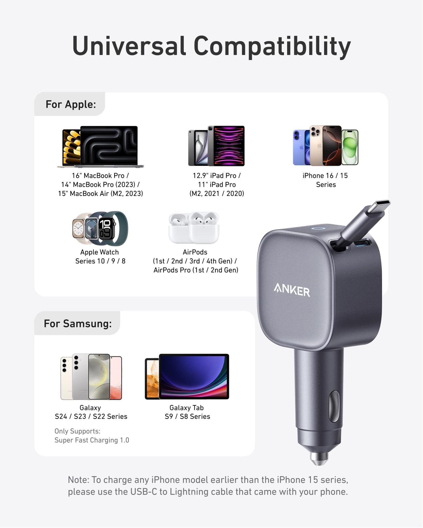 Anker USB-C Car Charger, 75W Max Ultra-Compact Type-C Fast Car Charger with Built-in Retractable Cable, Car Adapter for iPhone 16/15/14 Series, MacBook Pro/Air, iPad, Galaxy, AirPods, and More