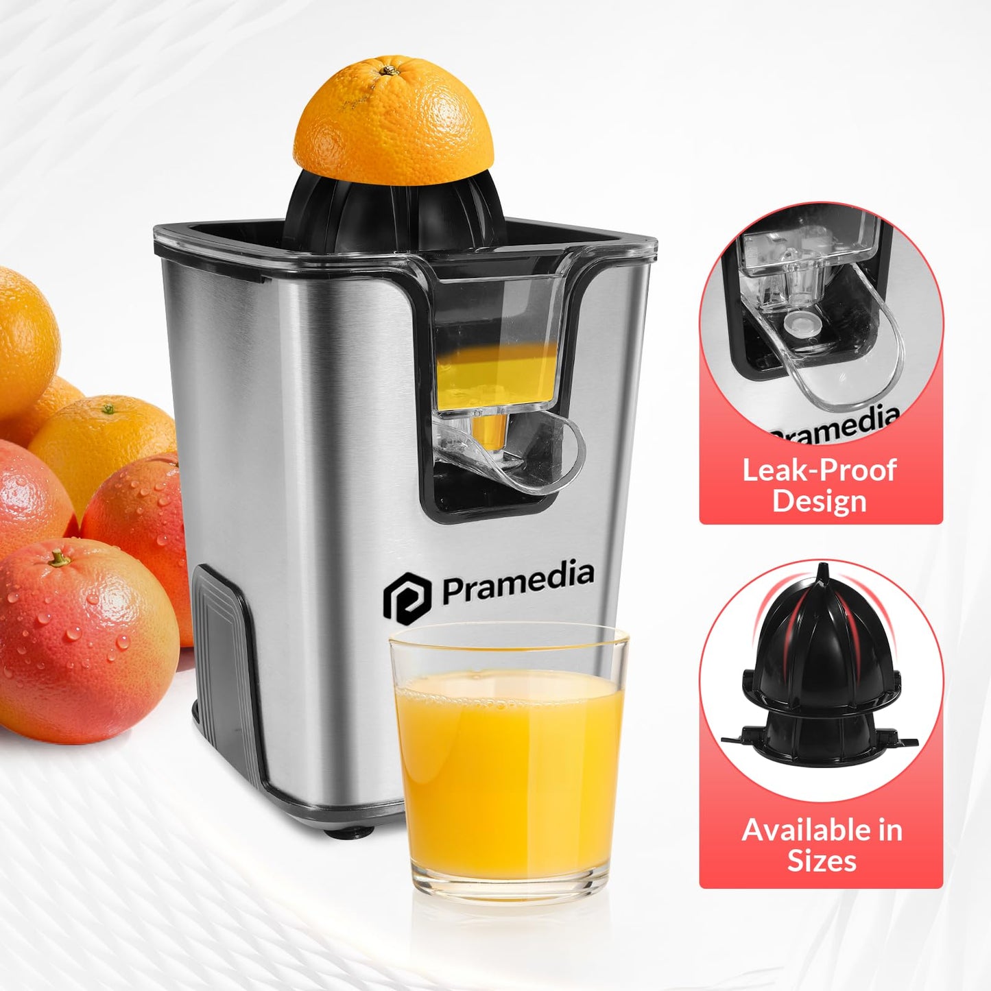 PRAMEDIA Electric Citrus Juicer Stainless Steel - 40W Orange Juicer with Adjustable Anti-Drip Spout & 2 Cones for Lemon,Limes, Grapefruit - Auto-Reversing Squeezer for Fresh Fruit Juice