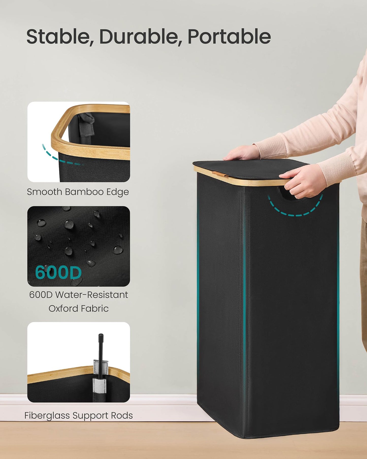 SONGMICS Laundry Hamper, Slim Laundry Basket with Lid, Foldable Storage Basket, Bamboo Frame, for Bedroom, Living Room, Oxford Fabric, 26.4 Gal. (100 L), Ink Black ULCB518BH01