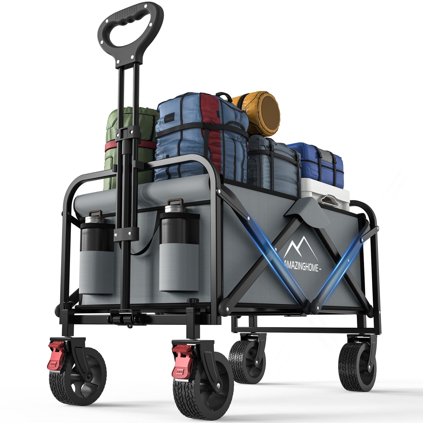 AMAZINGHOME Wagon Cart Foldable - 100KG Weight Capacity Folding Wagon with 5 Inch Silent Brake Universal Wheels, Adjustable Handle, Portable Garden Cart with Cup Holder for Camping, Picnic