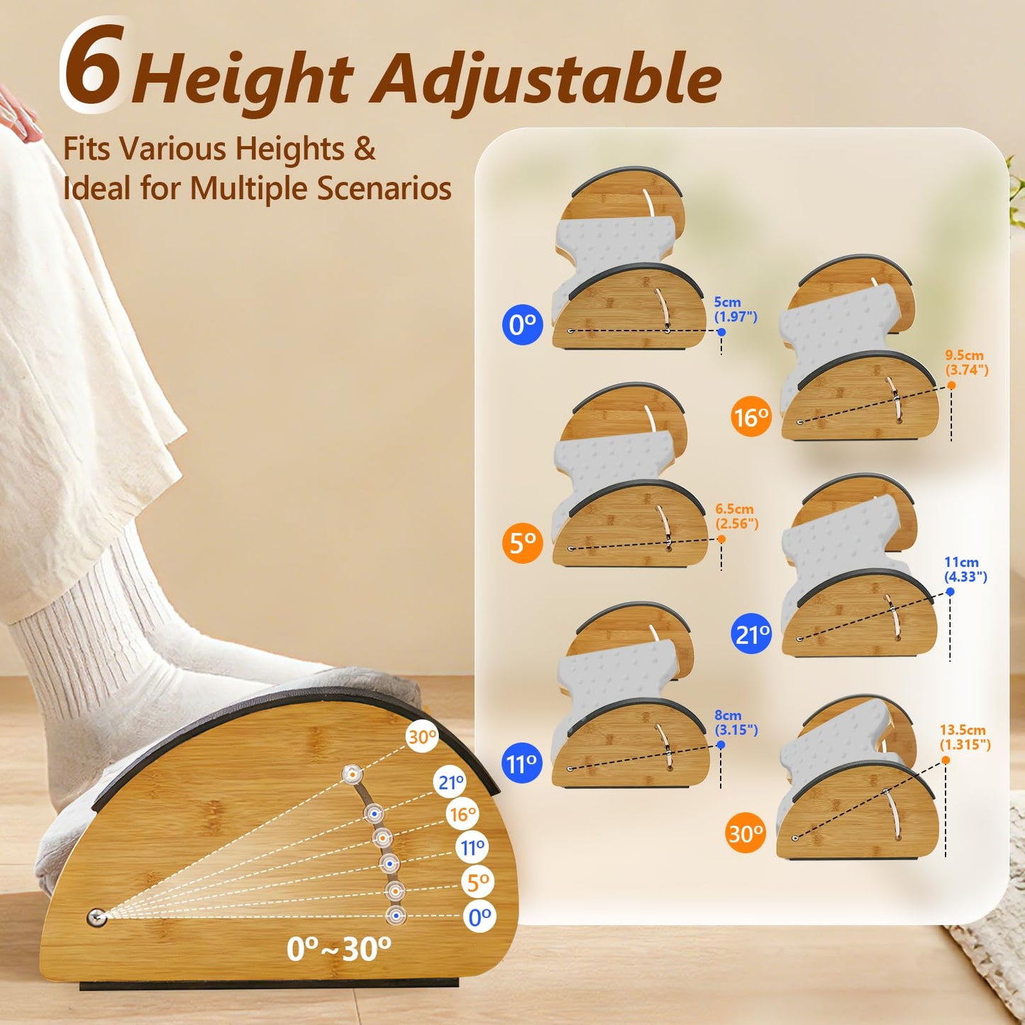 Foot Rest Under Desk, Under Desk Footrest, Foot Stool for Couch, Office Home, Gaming, 4-in-1 Bamboo Desk Foot Rest with 6 Adjustable Heights & Massage Cushion & Relieve Pressure on Legs, Waist & Back