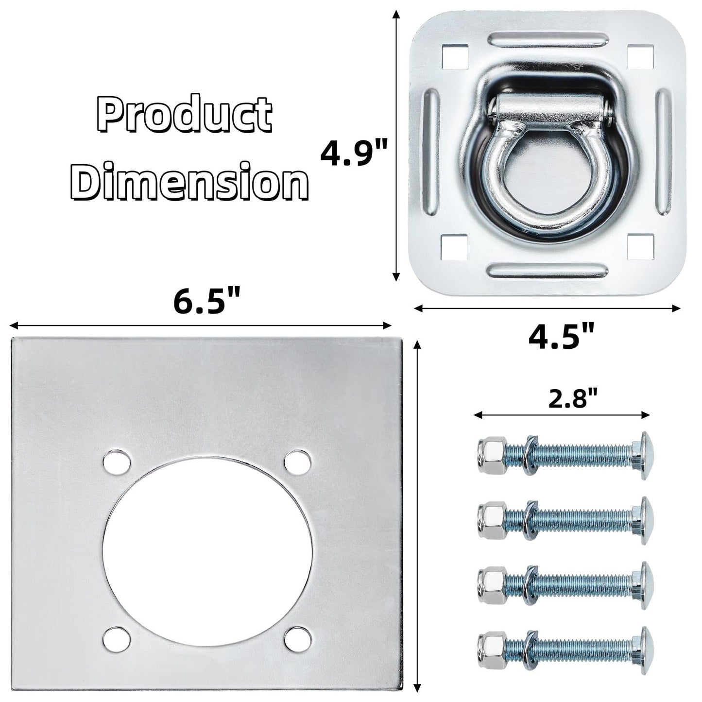 Covzoe 4 Pack Recessed D-Ring Tie Down Anchor Kit, 6000 Lbs Capacity Heavy Duty Trailer Floor Tie Downs, High Strength Surface Mount Hooks for Deliveries Cargo Truck Flatbed Pickup