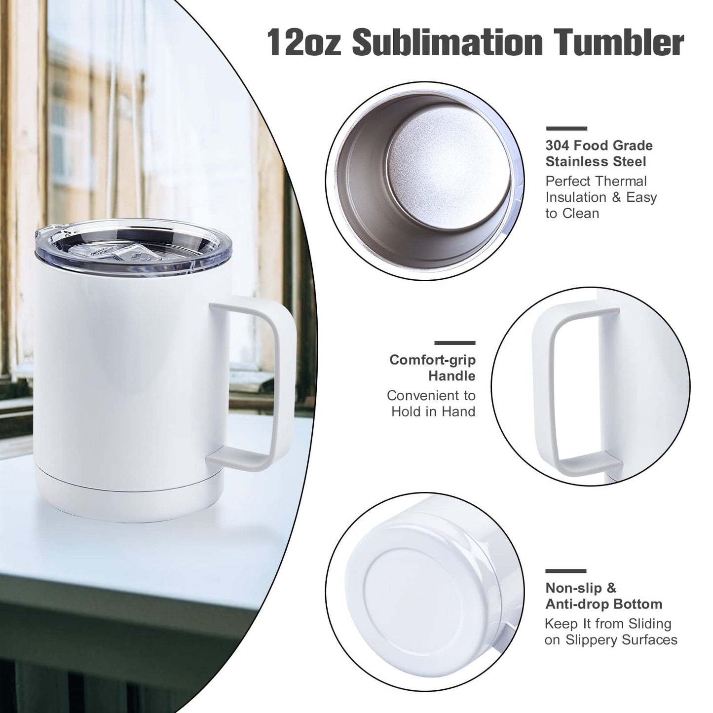 BetterSub Bulk 6 Pack 12oz Sublimation Mug Blanks Stainless Steel Tumblers with Handle & Sliding Lid - Double Wall Vacuum Insulated for Coffee, Fit Cricut Mug Press Machine