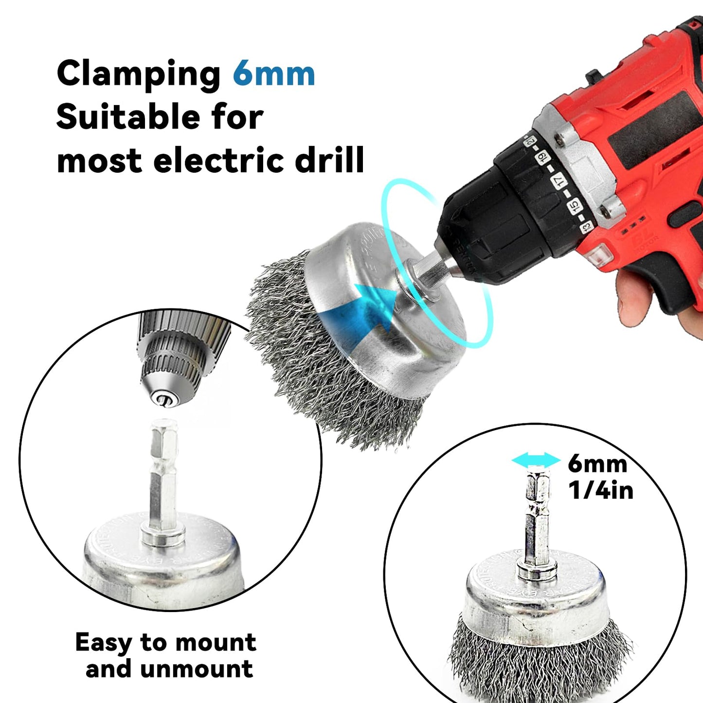 Daily Treature 10 Pack Wire Wheel Cup Brush Set for Drill Abrasive with 1/4" Hex Shank,Extension Rod for Safty,Brass Coated Crimped Drill Sanding Attachment，Metal Brush for Drill Rust Removal