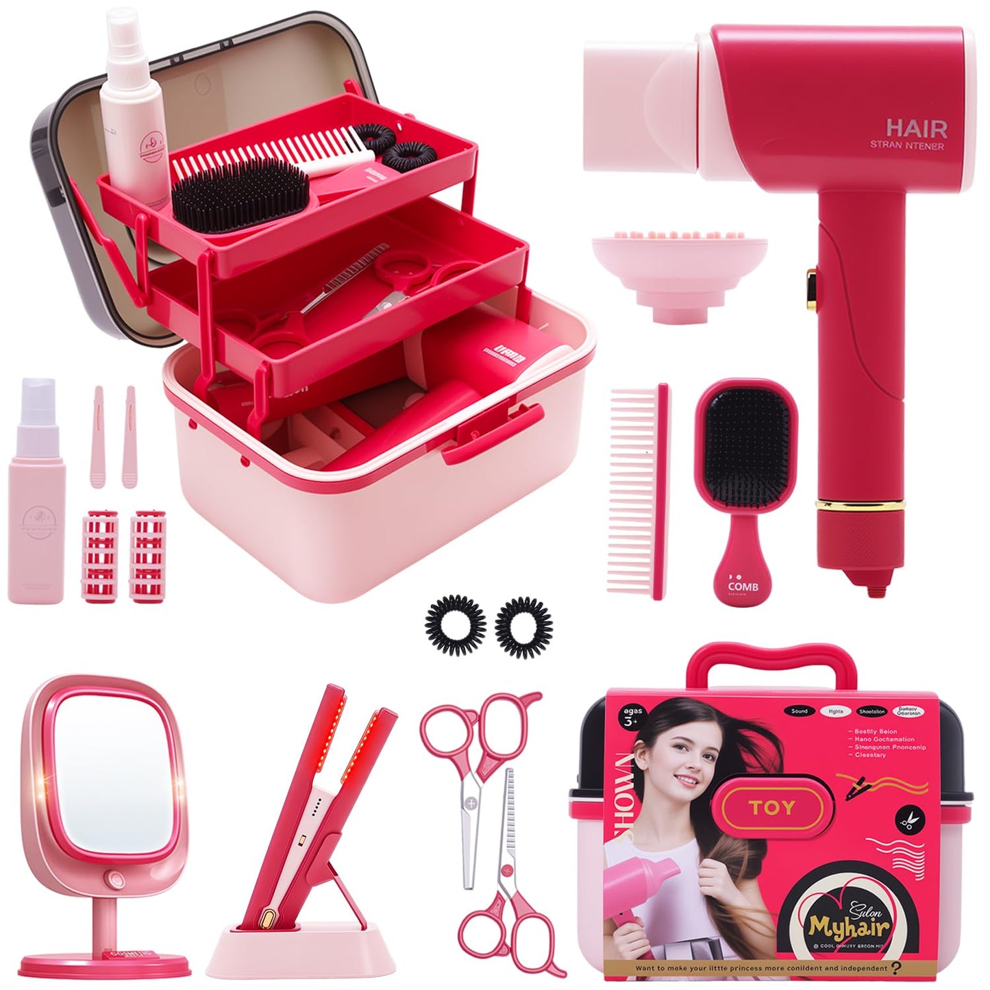 Play Hair Salon Set for Little Girls - Beauty Hair Salon Toys with Realistic Hair Dryer, Curling Iron ，Interactive Lights & Sounds ，Educational Dress-Up Toy Vanities for Kids Ages 3+