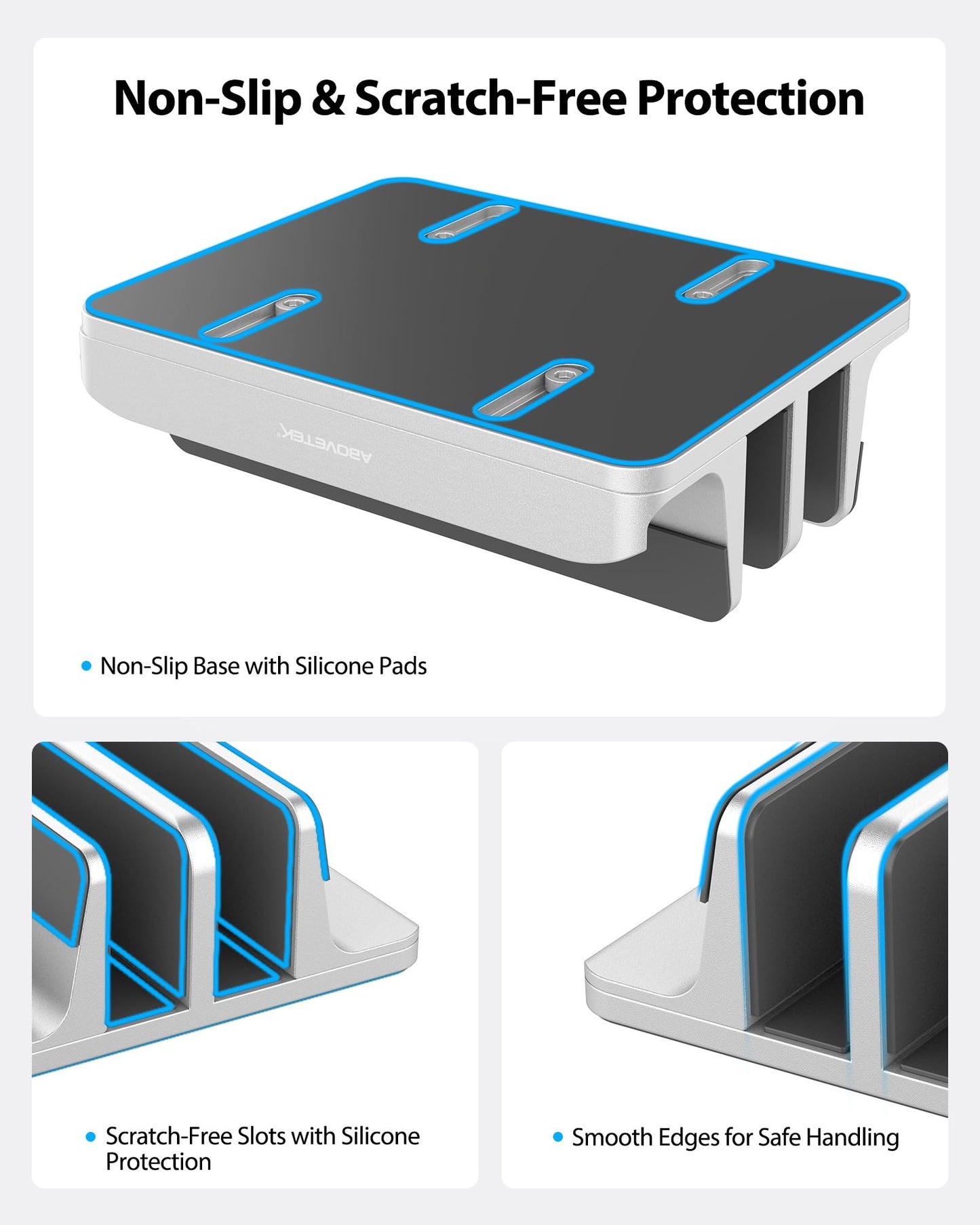 Vertical Laptop Stand - AboveTEK - 3 Slots for Computer, Tablet, Phone - Fits All Laptop Models (up to 17.3") - Heavy Duty Polished Aluminum Desktop Holder - Anti Slide Silicone Grips - Silver