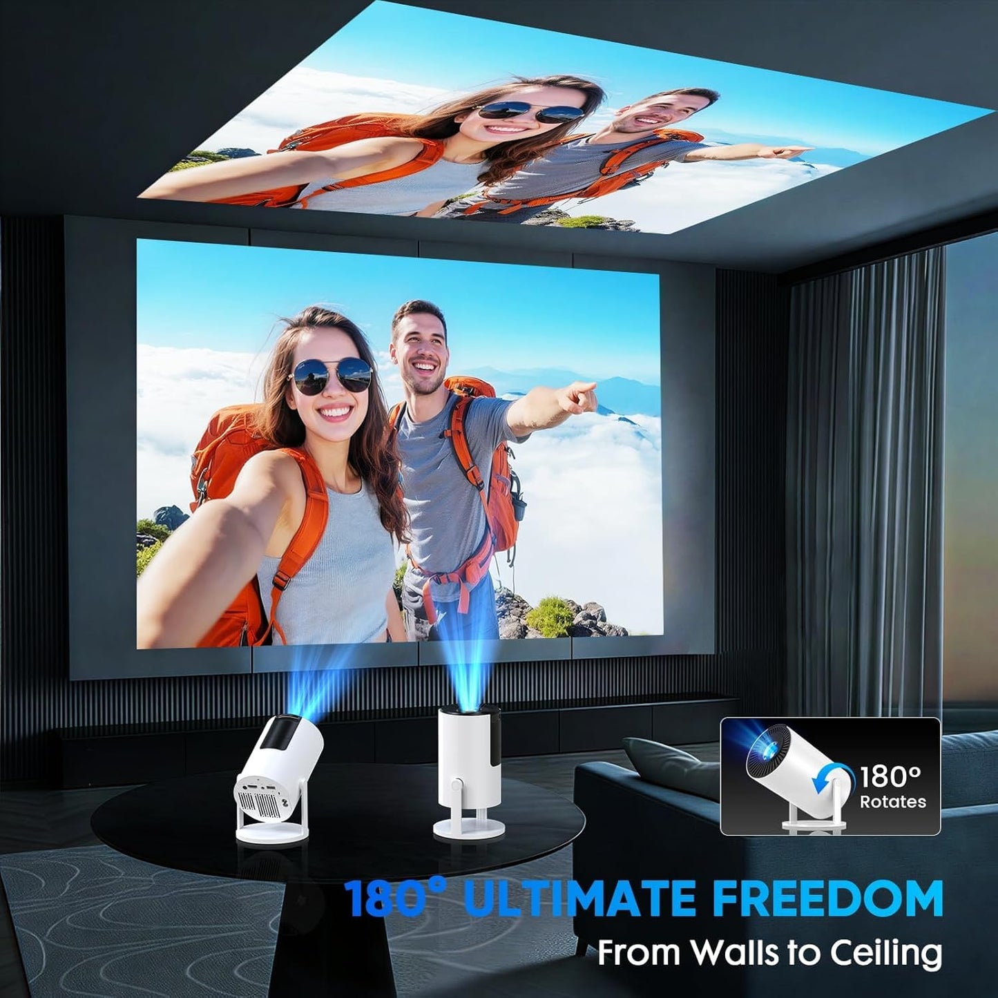 【Built-in Apps & Electric Focus】 Tecaki Mini Projector 1080P 4K Support with WiFi and Bluetooth 5.2, Portable Projector with Auto Keystone, 180° Rotatable, Outdoor Movie Projector for Phone