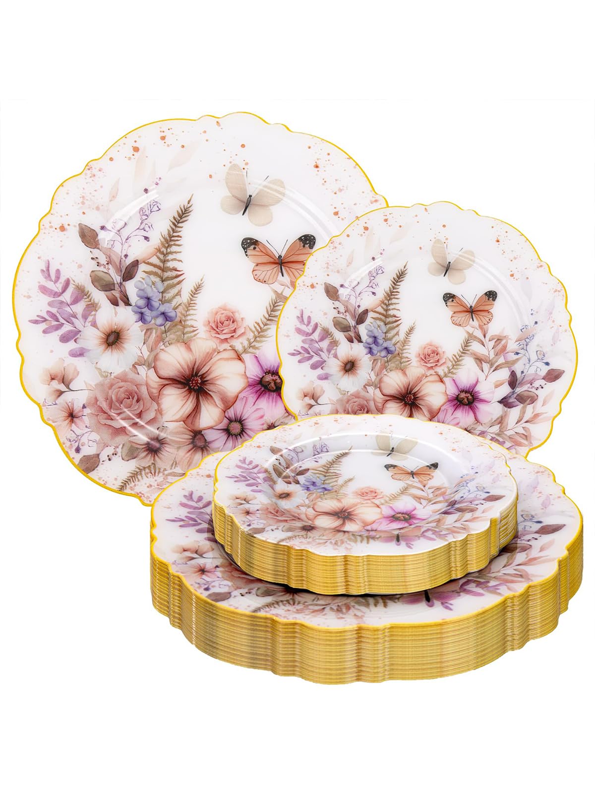 WDF 20Pack Spring Plates Flower- Baroque Fancy Butterfly Plates Disposable - 10’’ and 7’’ Floral plastic tableware Decoration Suitable for Spring Garden Party/Tea Party/Birthday