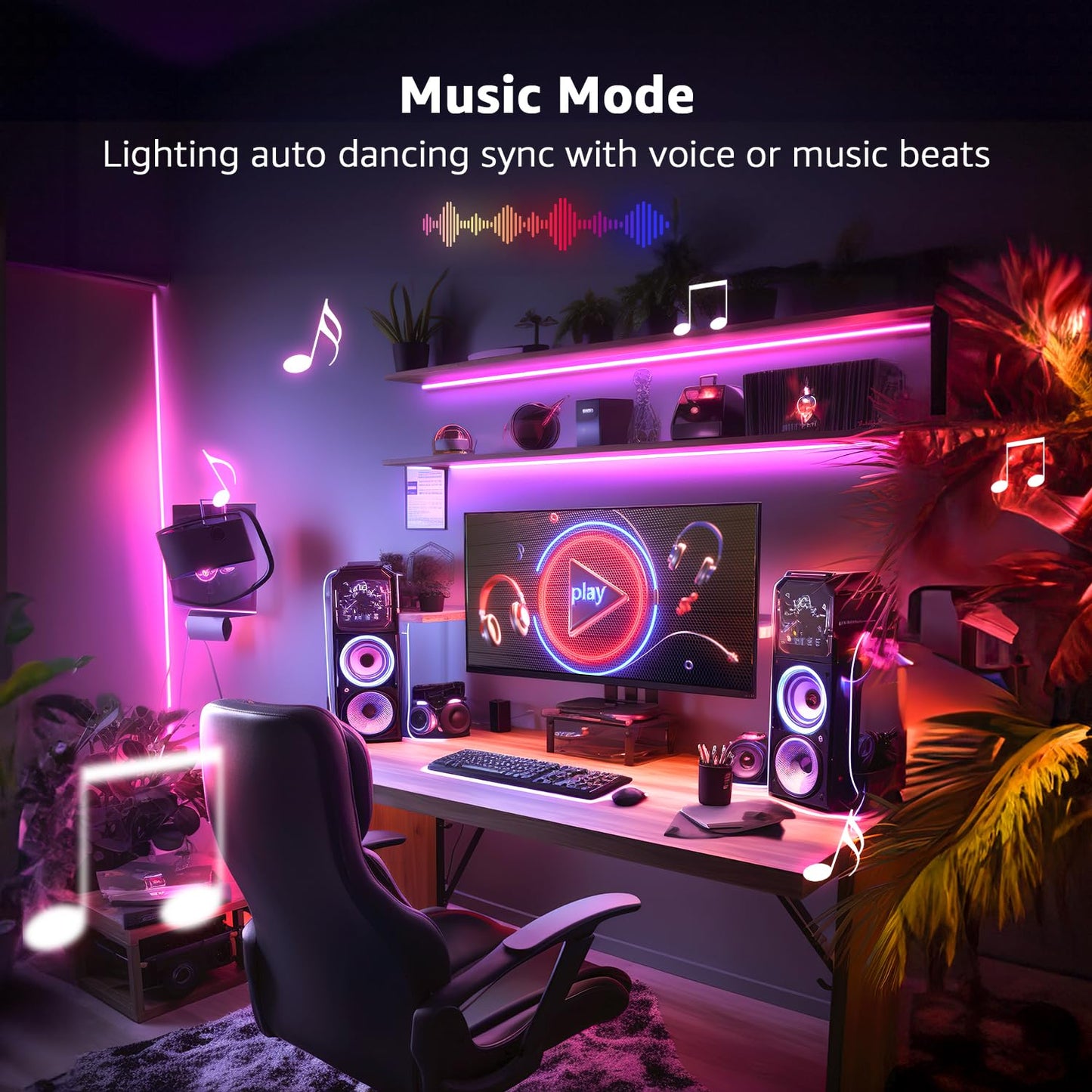 Lepro LED Strip Lights, 65.6ft Music Sync LED Lights Strip with Remote, RGB Color Changing Light Strip for Bedroom, Living Room, Kitchen and More, 32.8ft*2