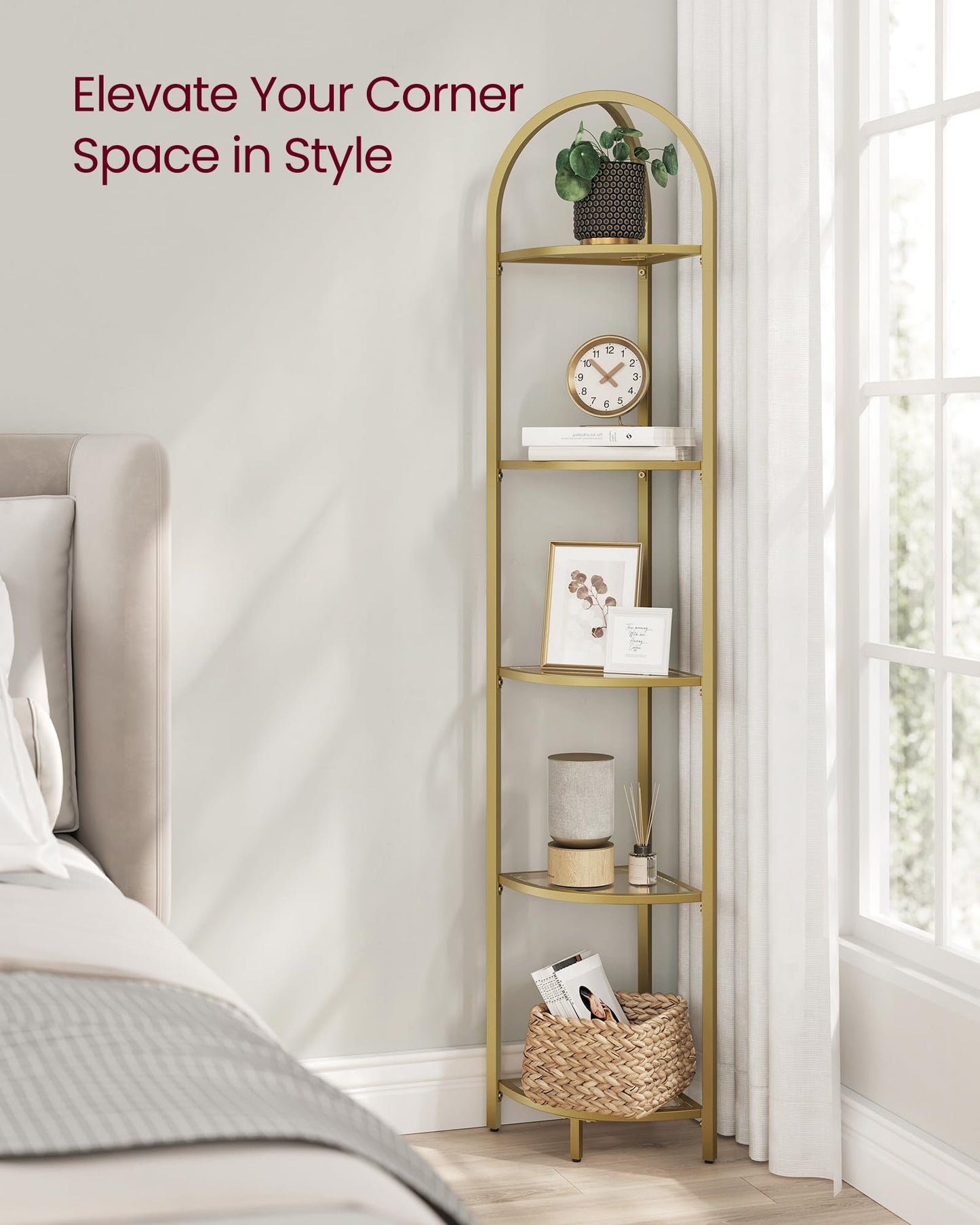 VASAGLE 5-Tier Corner Shelf Stand, Corner Bookshelf, Bathroom Organizer, Plant Stand, Tempered Glass, Metallic Gold ULGT810A01