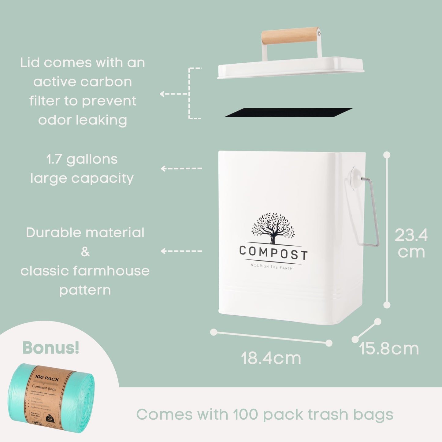 Perfnique Kitchen Compost Bin, 1.7 Gallon Countertop Compost Bin with Lid, Indoor Compost Bin Includes 2 Carbon Filters, Small Compost Bucket, Food Waste Bin for Kitchen with Trash Bags (Cream White)