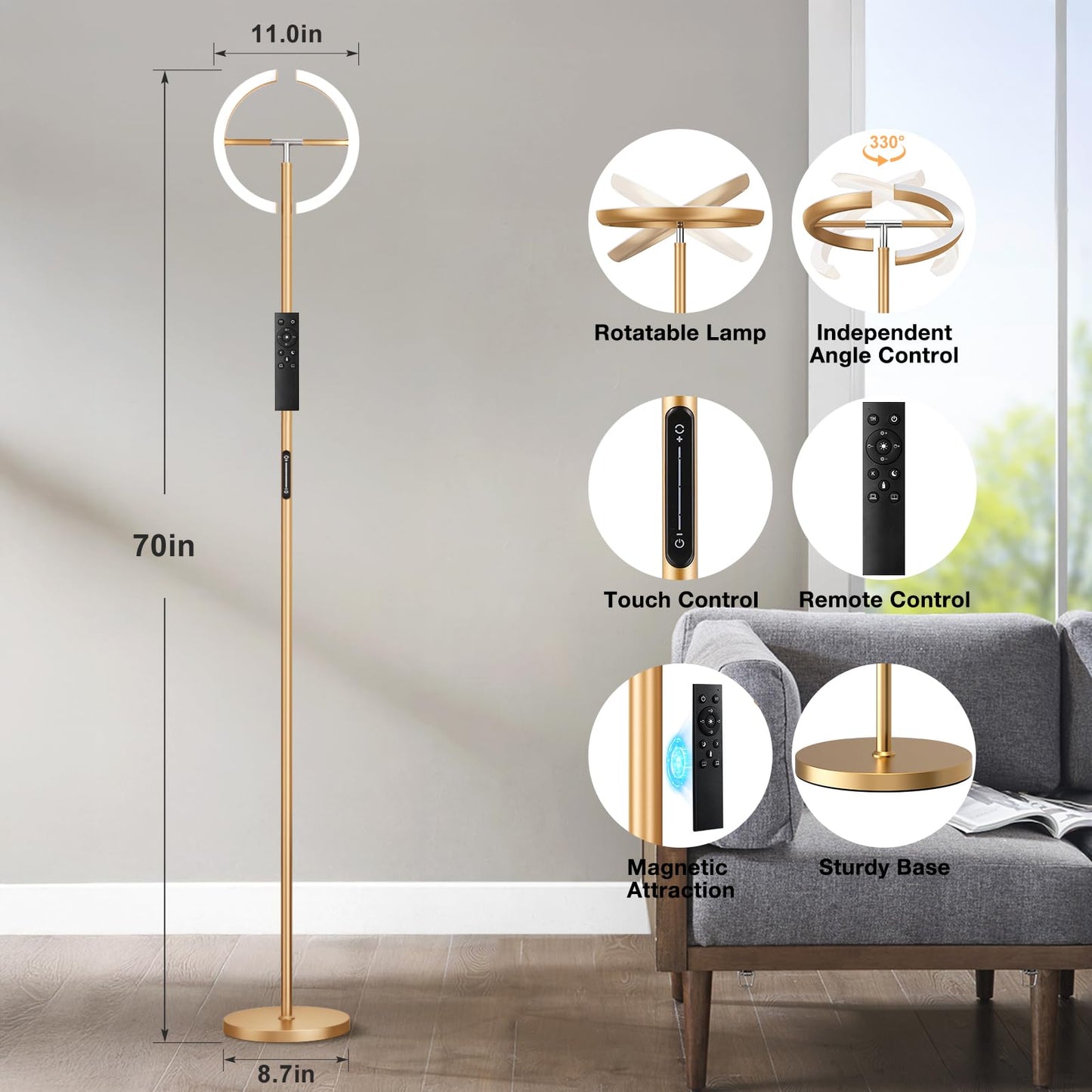 Ambimall Torchiere Floor Lamp, 2400LM LED Floor Lamp with Touch an d Remote Control, 70" Tall Standing Lamp with Stepless Dimmable and 3000K-5000K Color, Separately Rotatable Design(Gold)