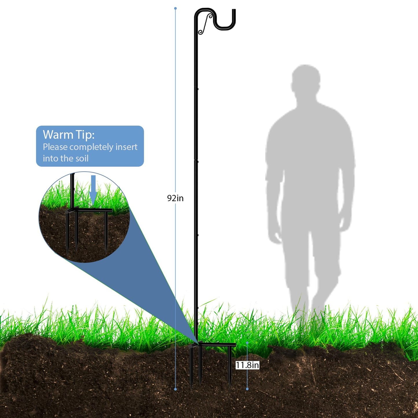 Shepards Hooks for Outdoor 2 Pack Bird Feeder Pole 92 Inch Tall Adjustable Heavy Duty Garden Plant Hangers with 3 Base Prongs for Hanging Plant Baskets, Solar Lights, Wedding Decor, Lanterns, Black