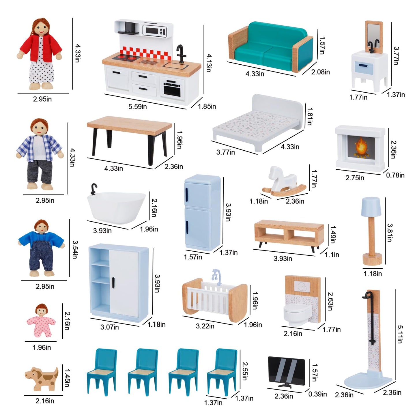 OOOK Wooden Dollhouse Furniture Set for Kids, 26 Pcs Dollhouse Accessories with 4 Family Dolls and Dog, Miniature Doll House Furniture Toys Pretend Play Gift for Girls Boys Age 3+
