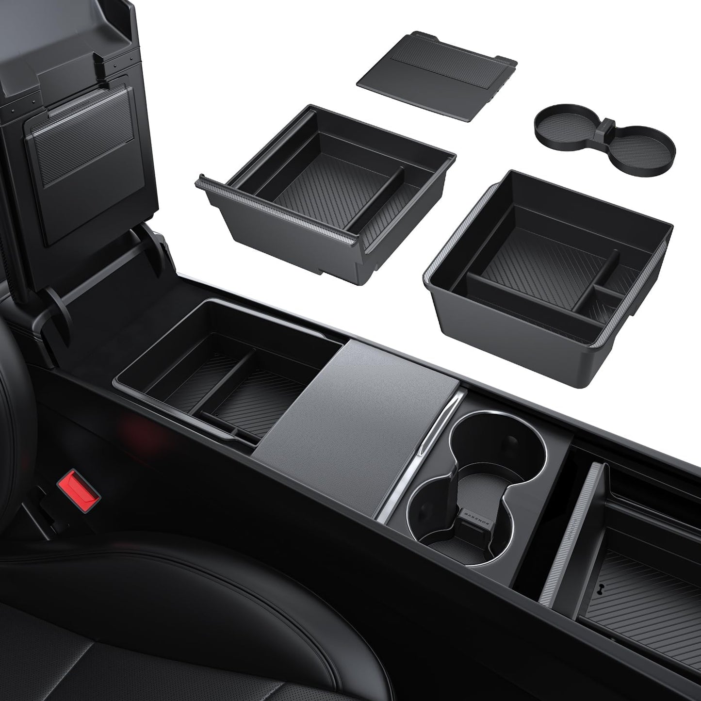 BASENOR 4PCS 2026 Tesla Model Y Model 3 Center Console Organizer Tray [Double Layer Design],Cup Holder Armrest Hidden Storage Box for 2025 2026 Model Y Juniper 2024-2026 Tesla 3 Highland Accessories