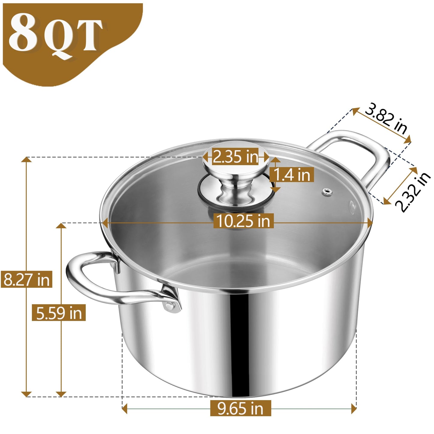 P&P CHEF 8 Quart Stock Cooking Pot, 8QT Tri-Ply Stainless Steel Large Stockpot with Lid for Induction Gas Electric Stoves, Visible Cover & Double Riveted Handles, Heavy Duty & Dishwasher Safe