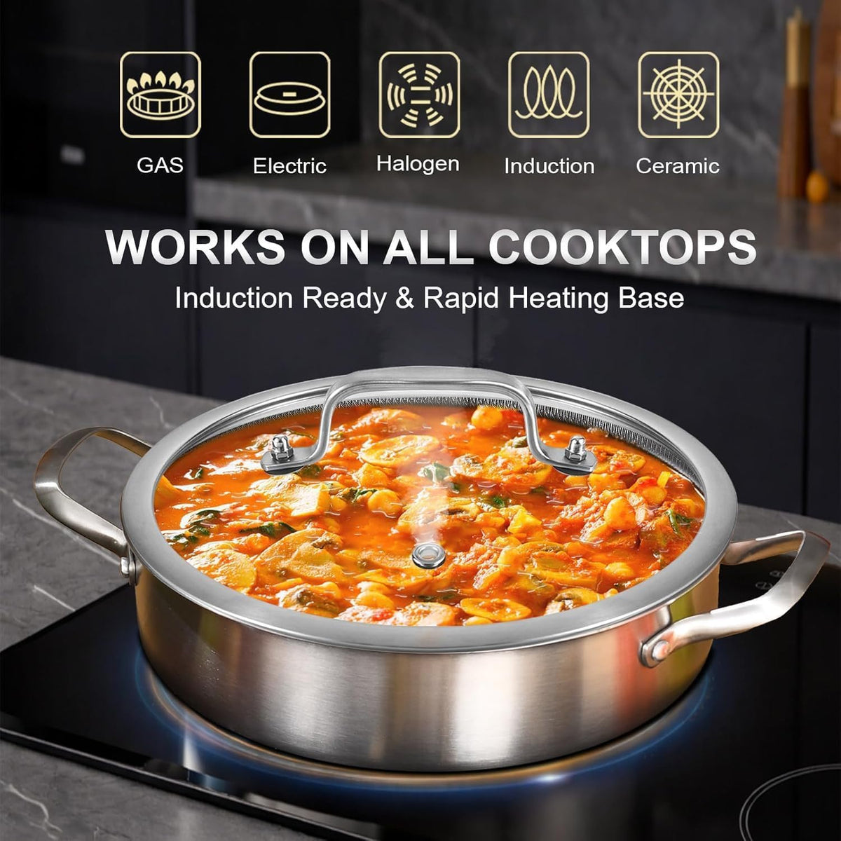 Inqibee 5 QT Hybrid Tri-Ply Stainless Steel Ceramic Non Stick Sauté Pan with Lid, 11 Inch Deep Frying Pan Cookware, Induction Compatible, All Cooktops, Oven & Dishwasher Safe