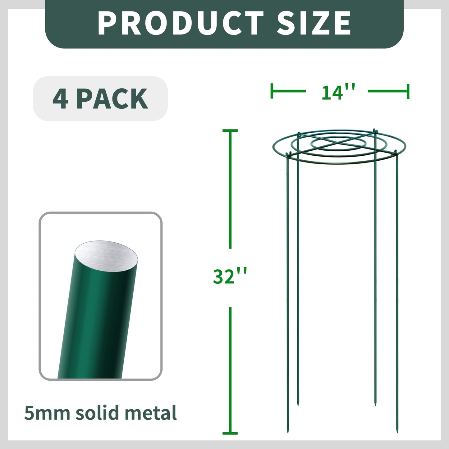 4 Pack Peony Cages and Supports 32" H x 14" D, Green Metal Rust-Proof Peony cage Round Cross-Concentric Frame & Removable 4 Legs (5mm Wire Rod) for Outdoor/interieur Plants,Rose,Hydrangea