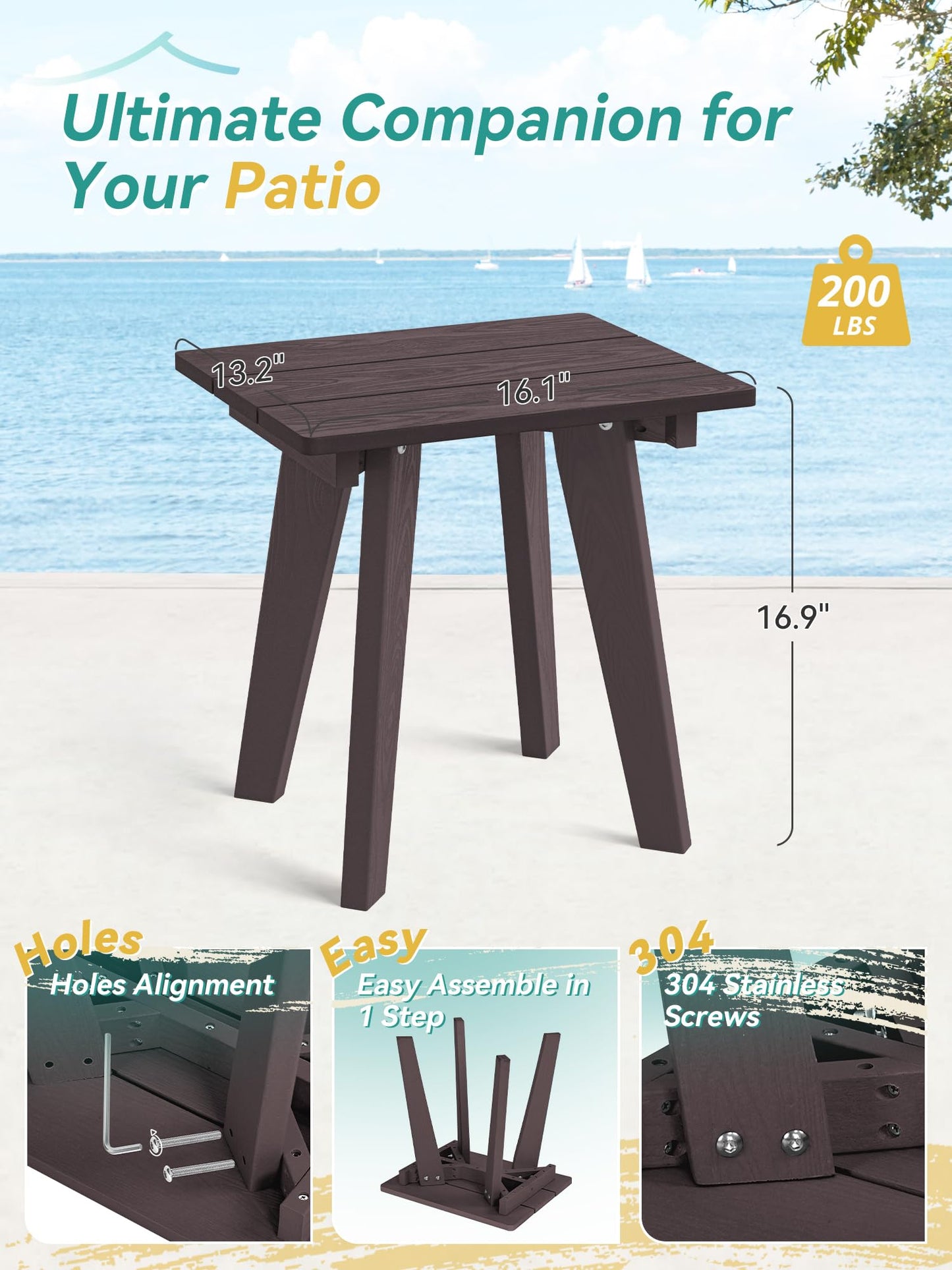 Outdoor Side Table, HDPE Weather Resistant Small Patio Table for Porch and Balcony, 200 LBS Capacity Heavy Duty Small Outdoor Table for Backyard and Pool, Easy Maintenance, Chocolate Brown