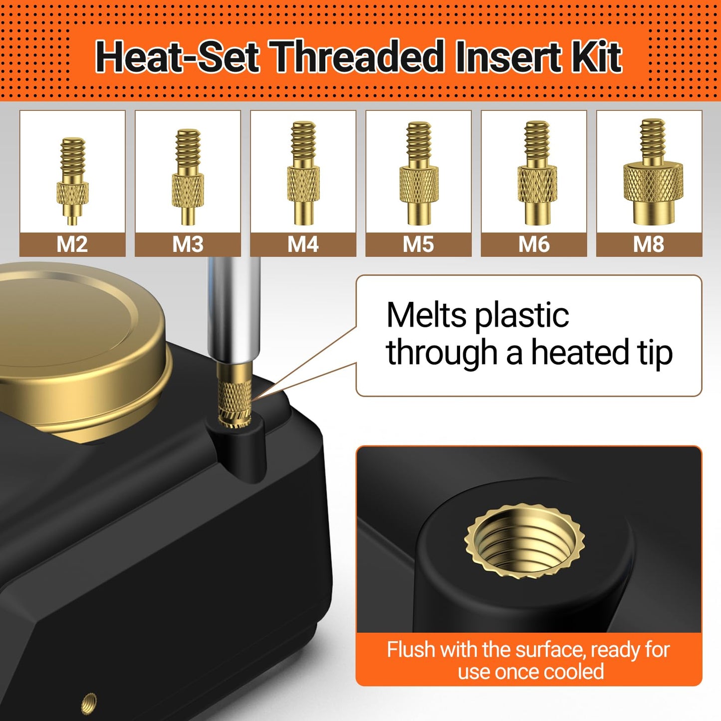 Preciva Heat-Set Insert Tip Set - Soldering Iron with 350Pcs Thread Inserts, 6Pcs Heat-Set Insert Tips (M2 M3 M4 M5 M6 M8), 2Pcs Soldering Tip Connecting Rods and 1Pc Tweezers