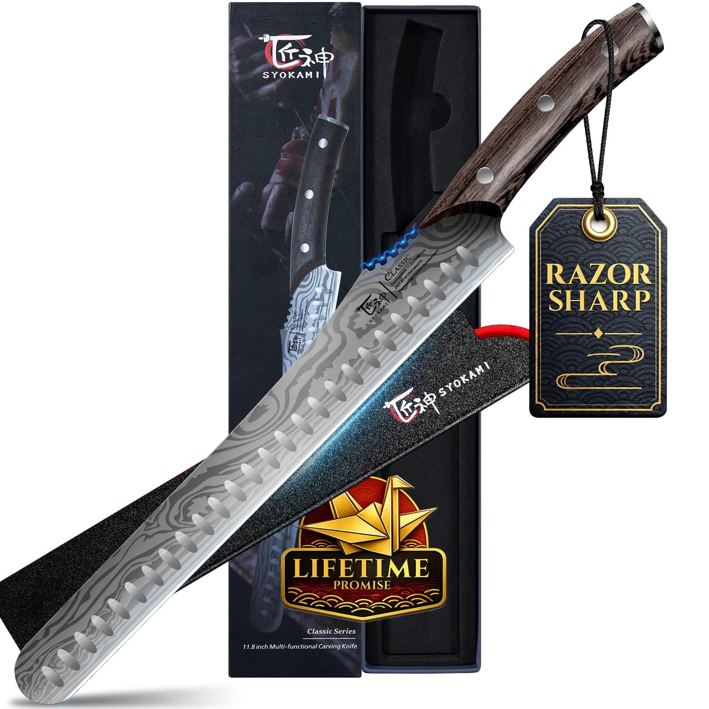 SYOKAMI Multifunction Carving Knife, 12 Inch High-Carbon Japanese Style Brisket Knife with Wood Handle, Damascus Pattern Full Tang Design, Razor-Sharp Slicing Knife for Meat Cutting with Gift Box